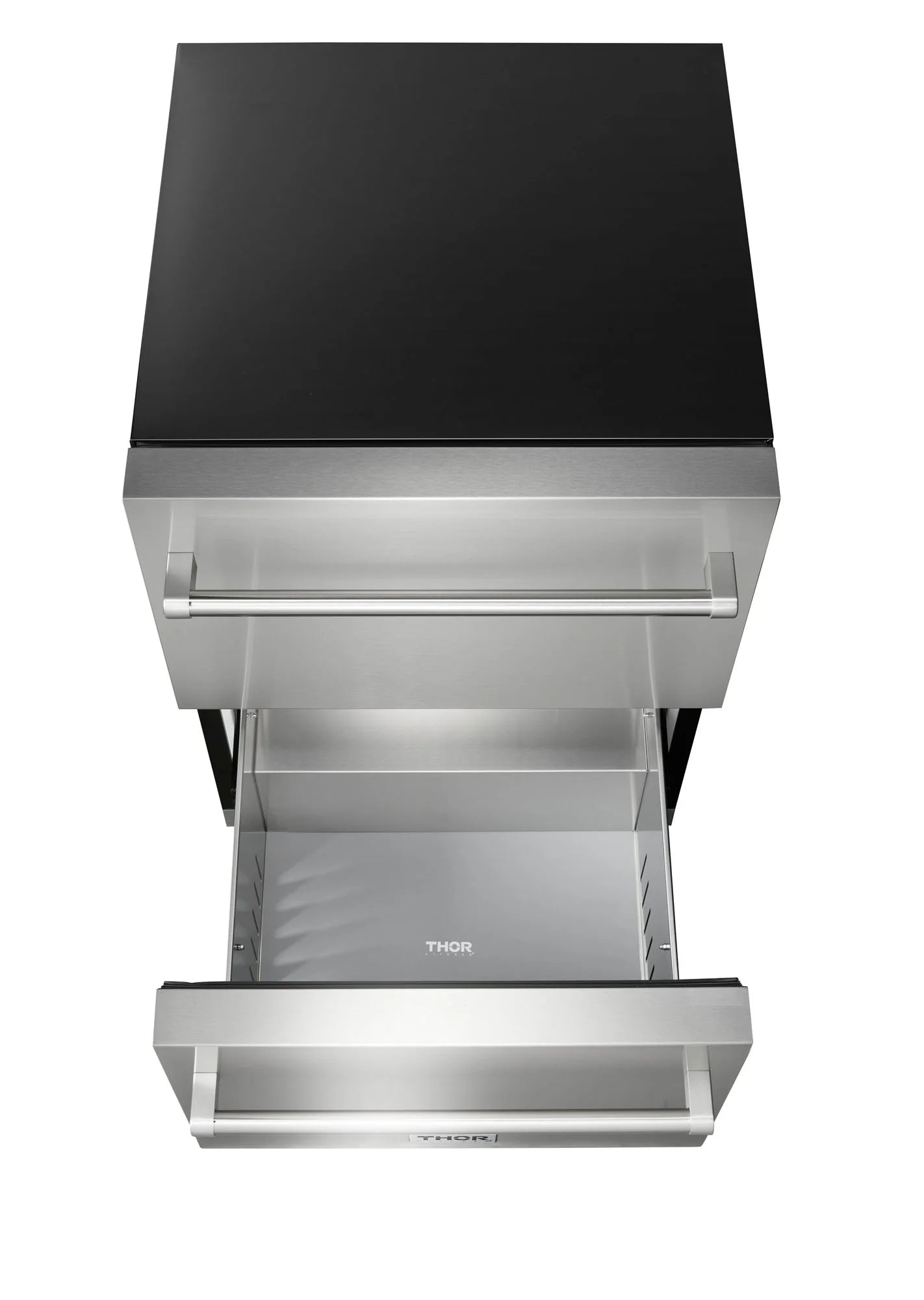 Outdoor grill hood open to reveal empty lower compartments and THOR branding