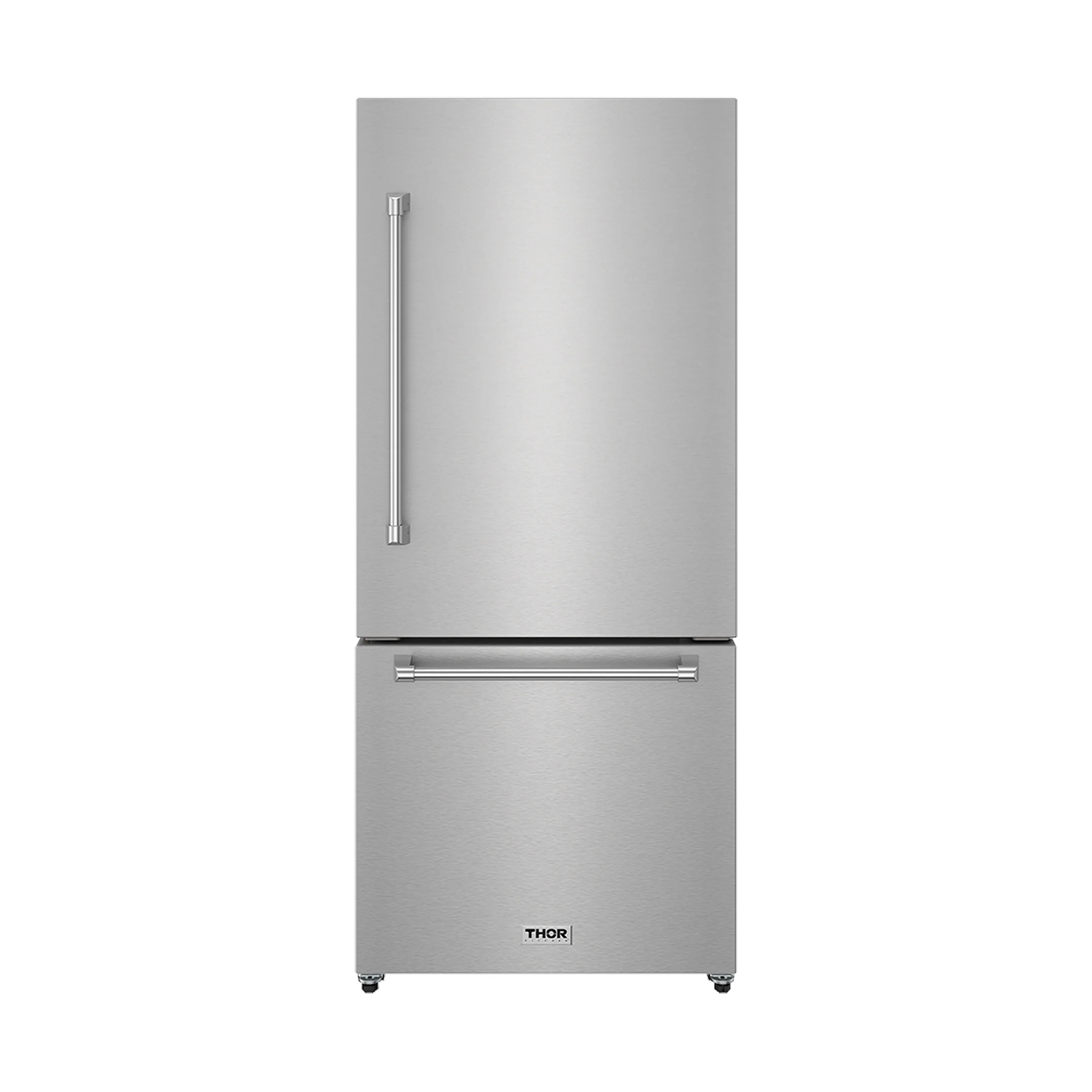 Stainless steel bottom-freezer refrigerator with vertical handle and THOR logo on door