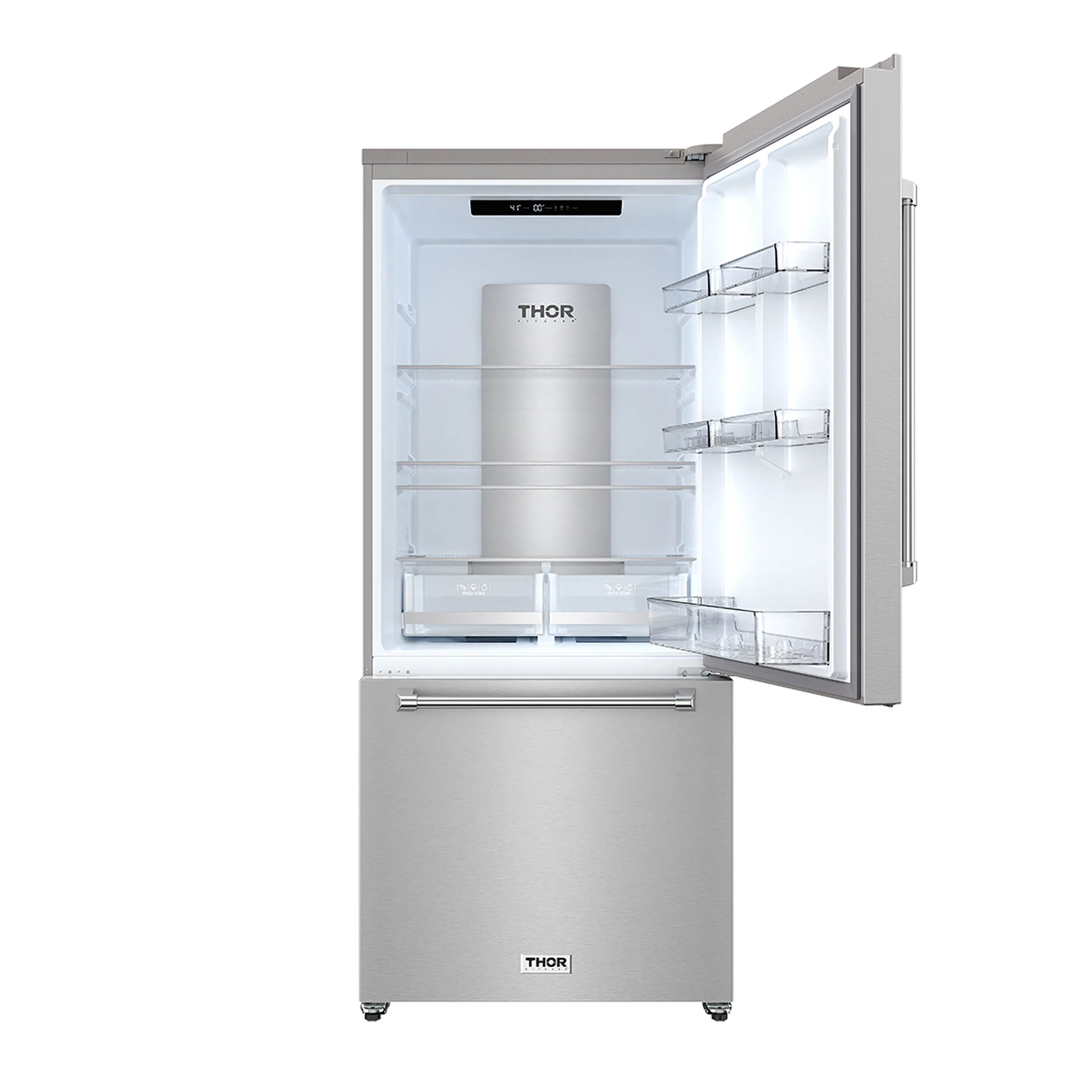 Stainless steel refrigerator with open door showing glass shelves and freezer compartment