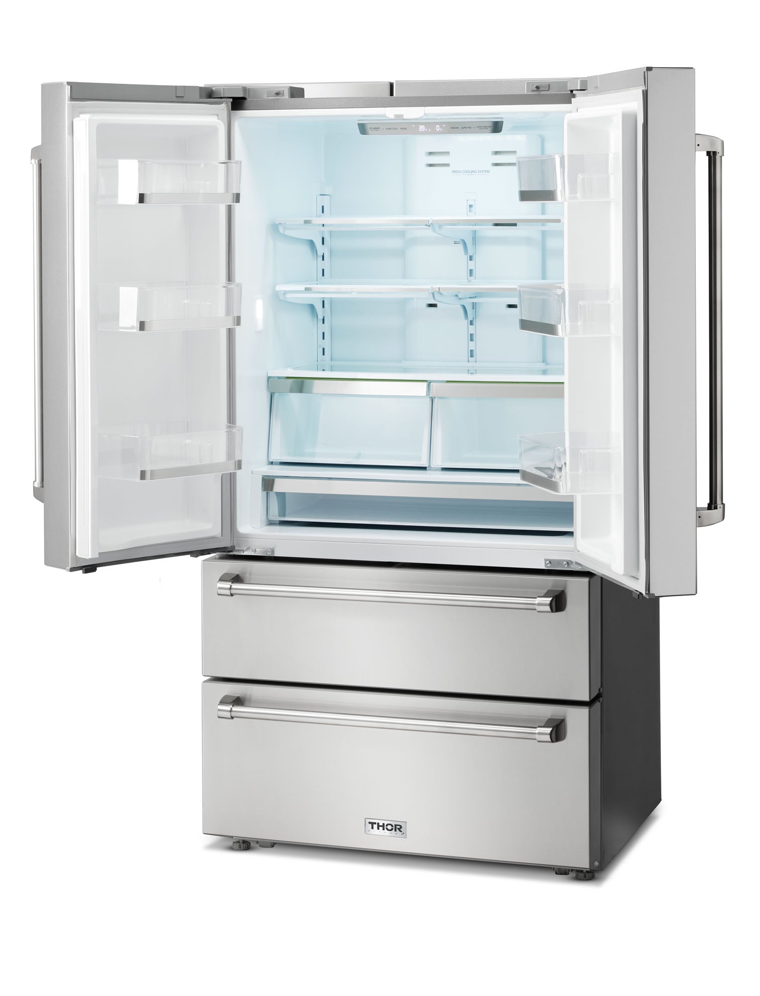 Open French door refrigerator showing glass shelves and a bottom freezer drawer.