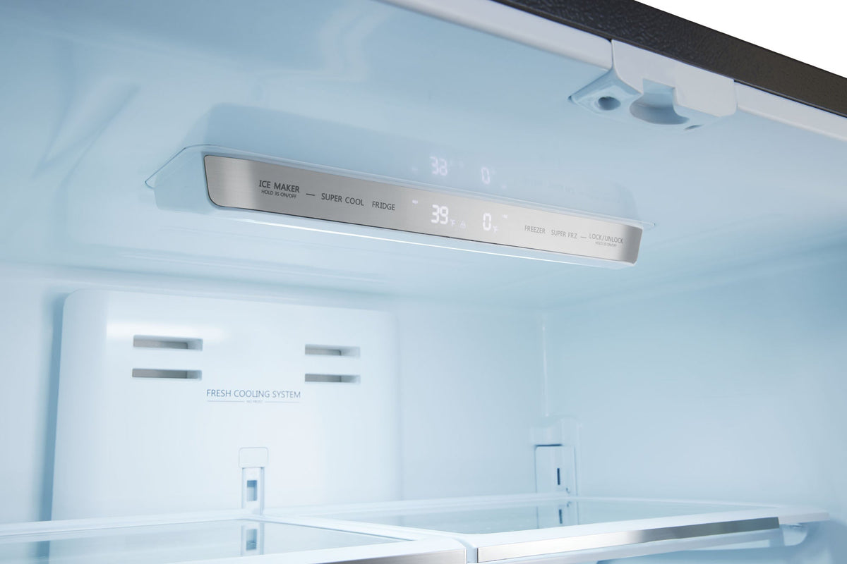 Refrigerator interior ceiling display panel with temperature indicators and light
