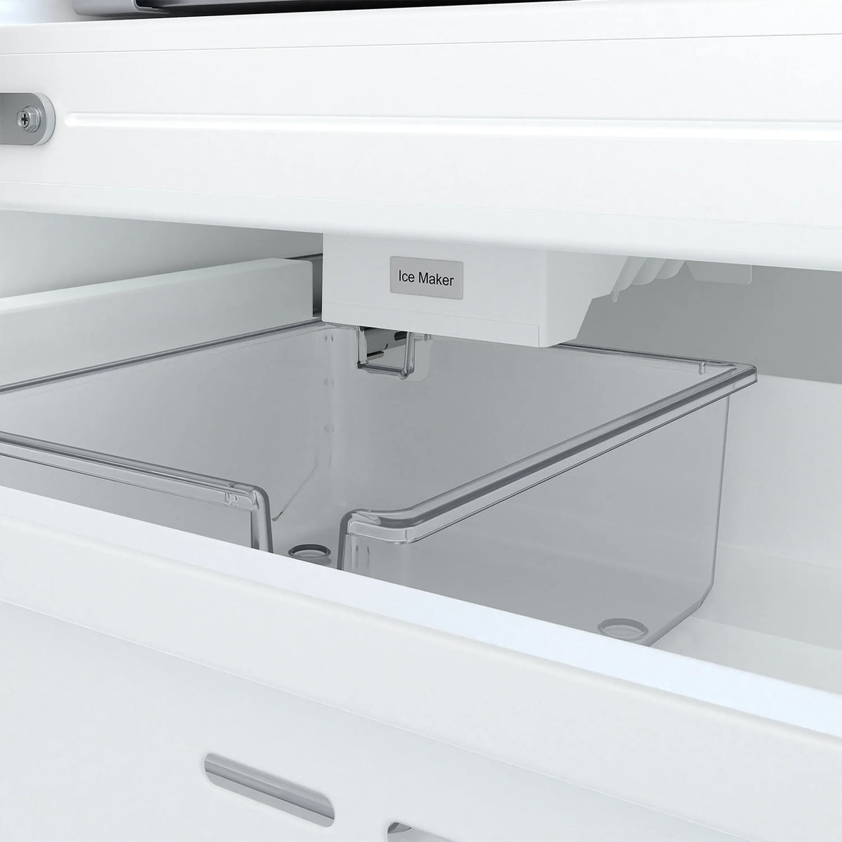 Stainless steel refrigerator ice maker compartment and lower bin
