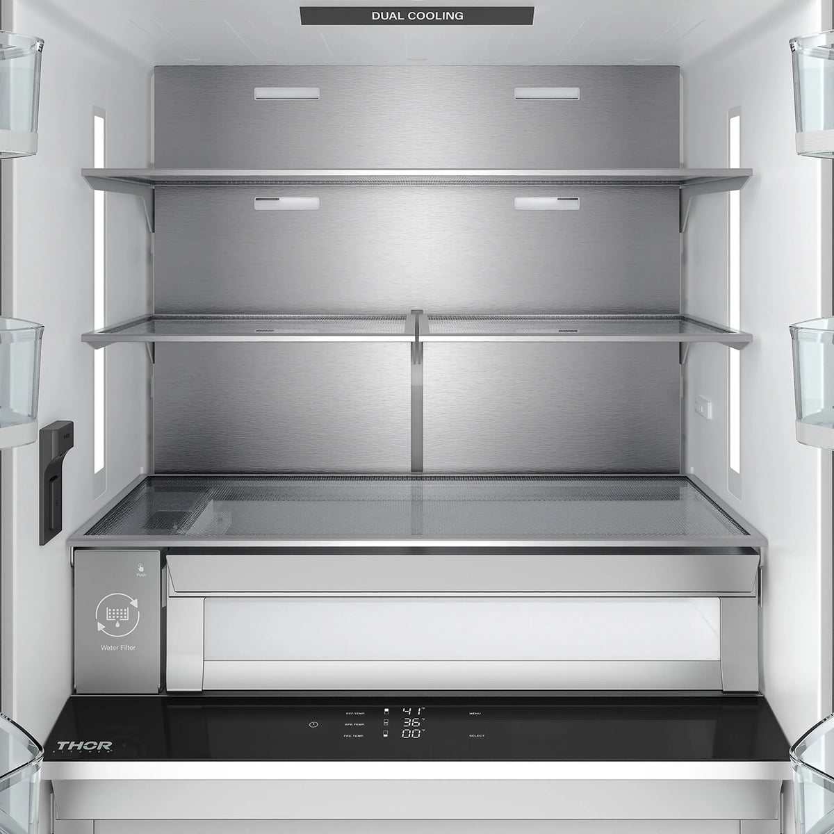 Stainless steel appliance drawer with dual cooling interior shelves