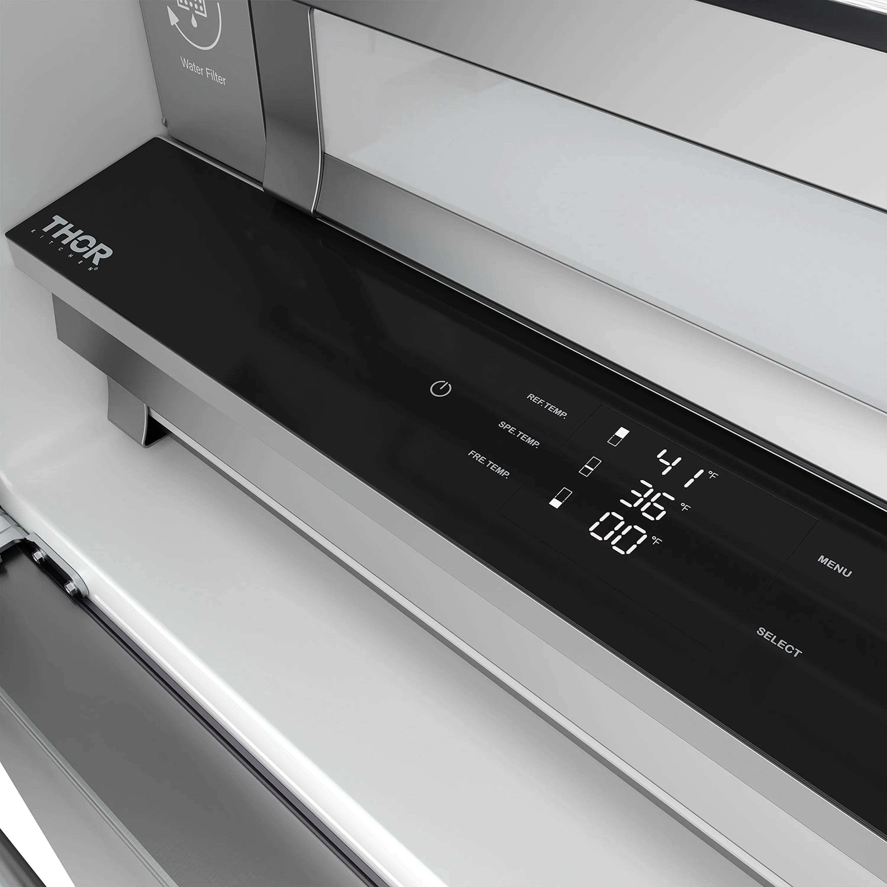 Stainless 36-inch refrigerator control panel with digital display and button controls