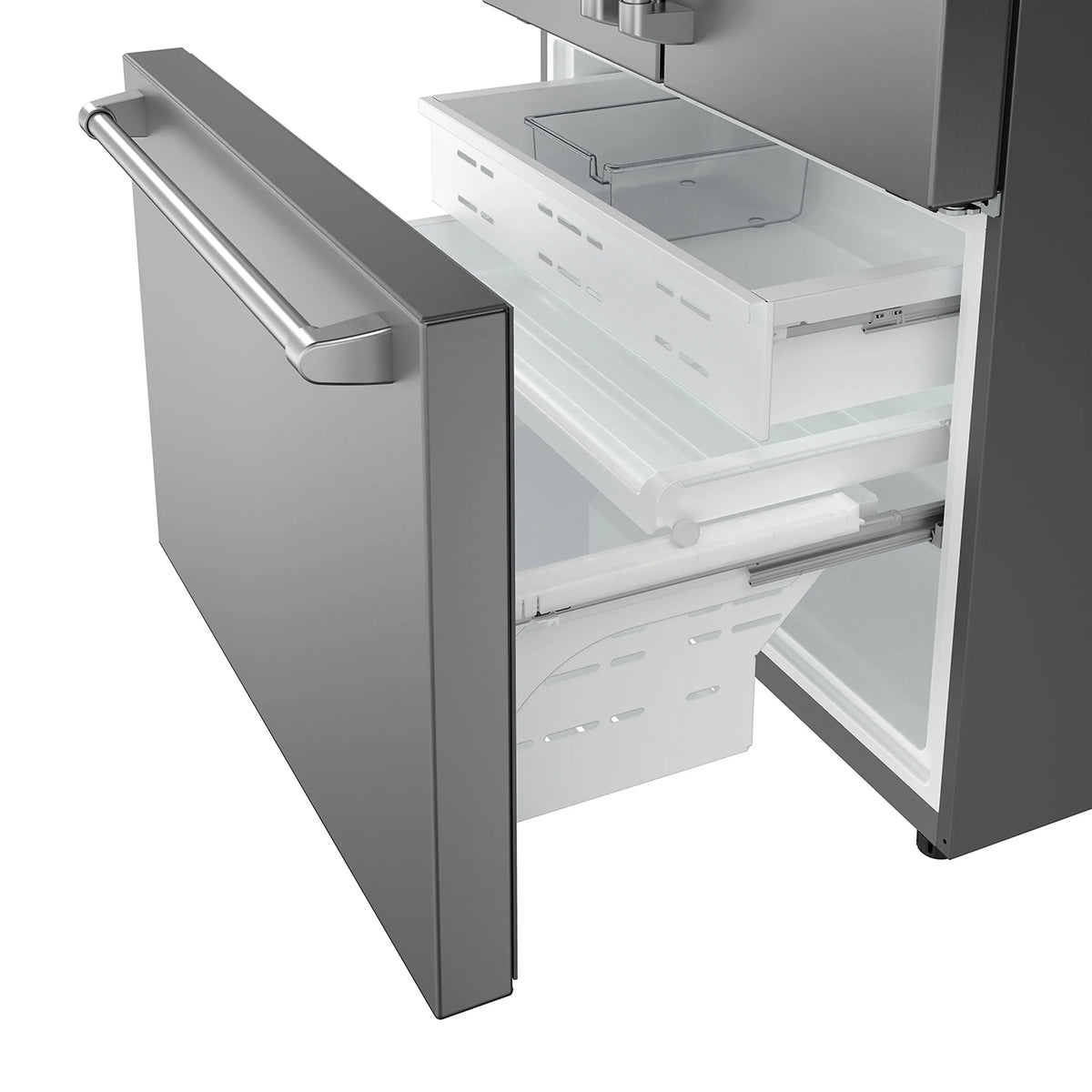 Stainless steel dishwasher with open door and visible interior racks