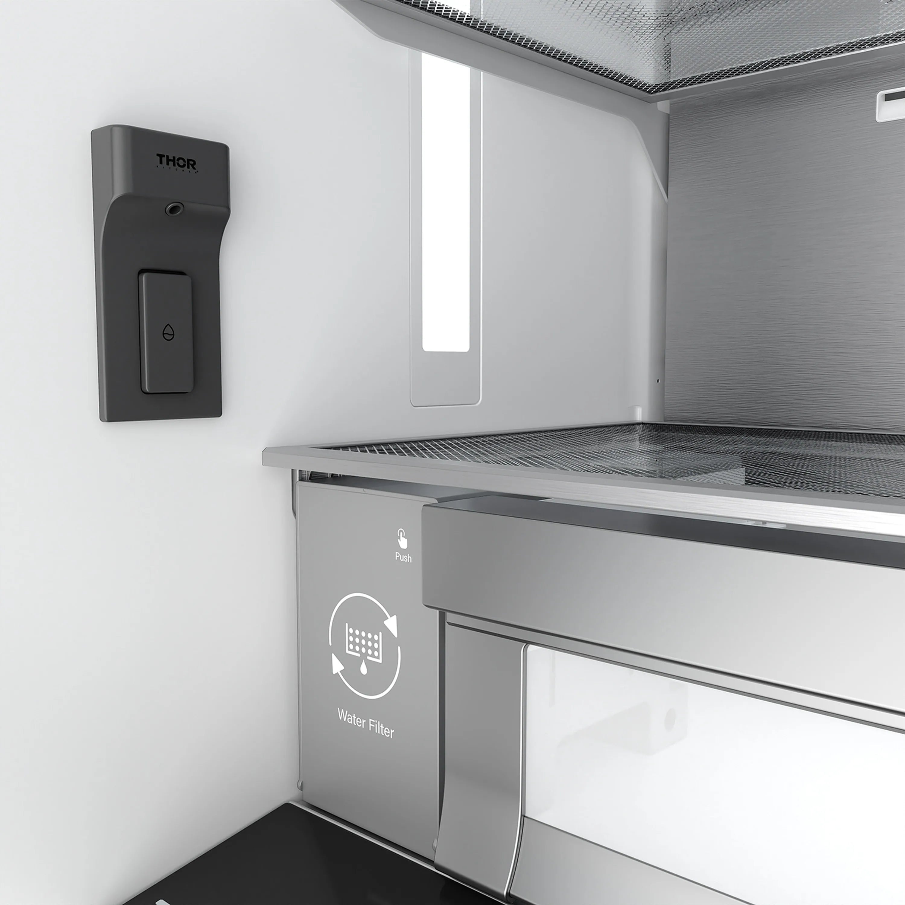 Stainless 36-inch refrigerator interior corner with water filter housing