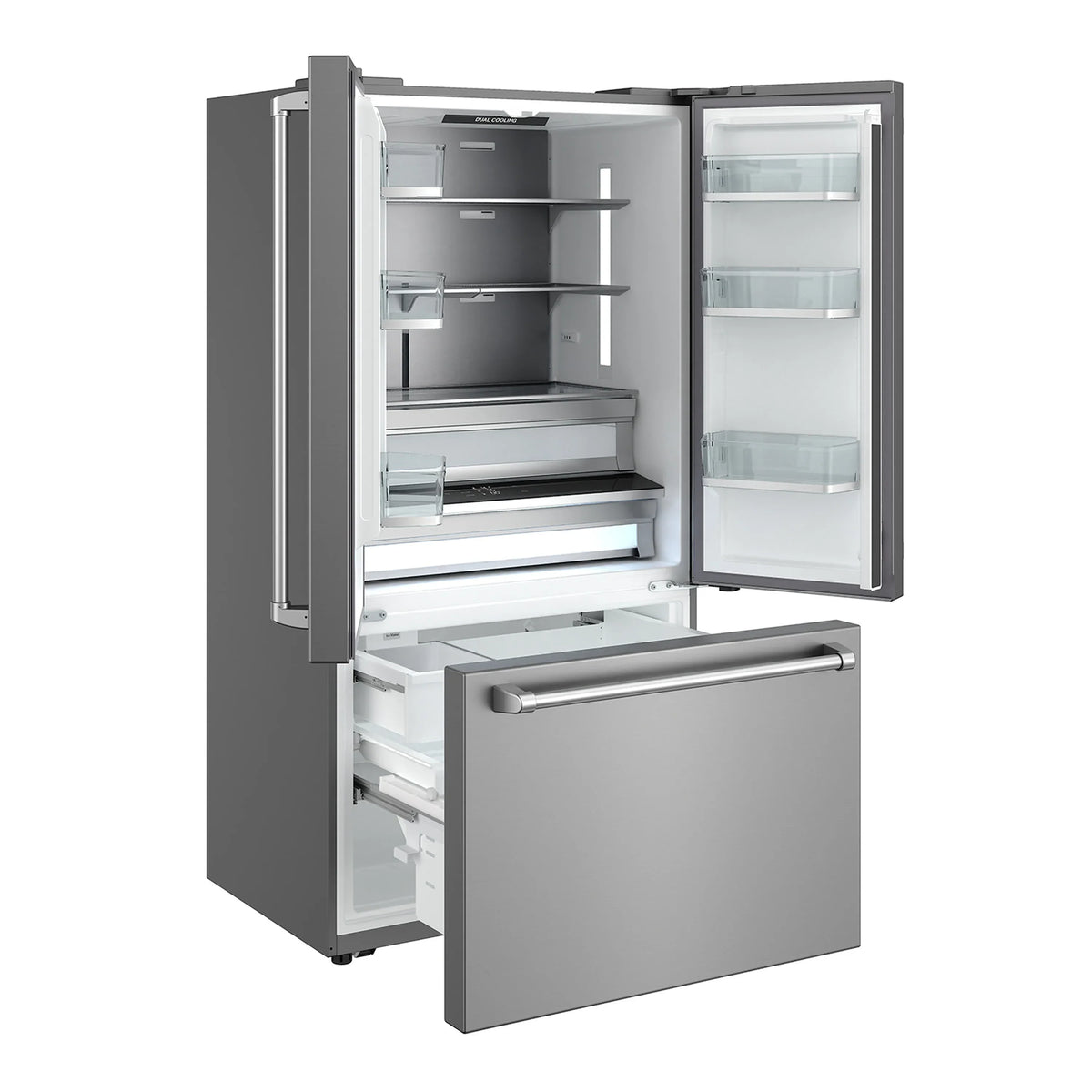 Stainless steel refrigerator interior with one door open and adjustable shelves