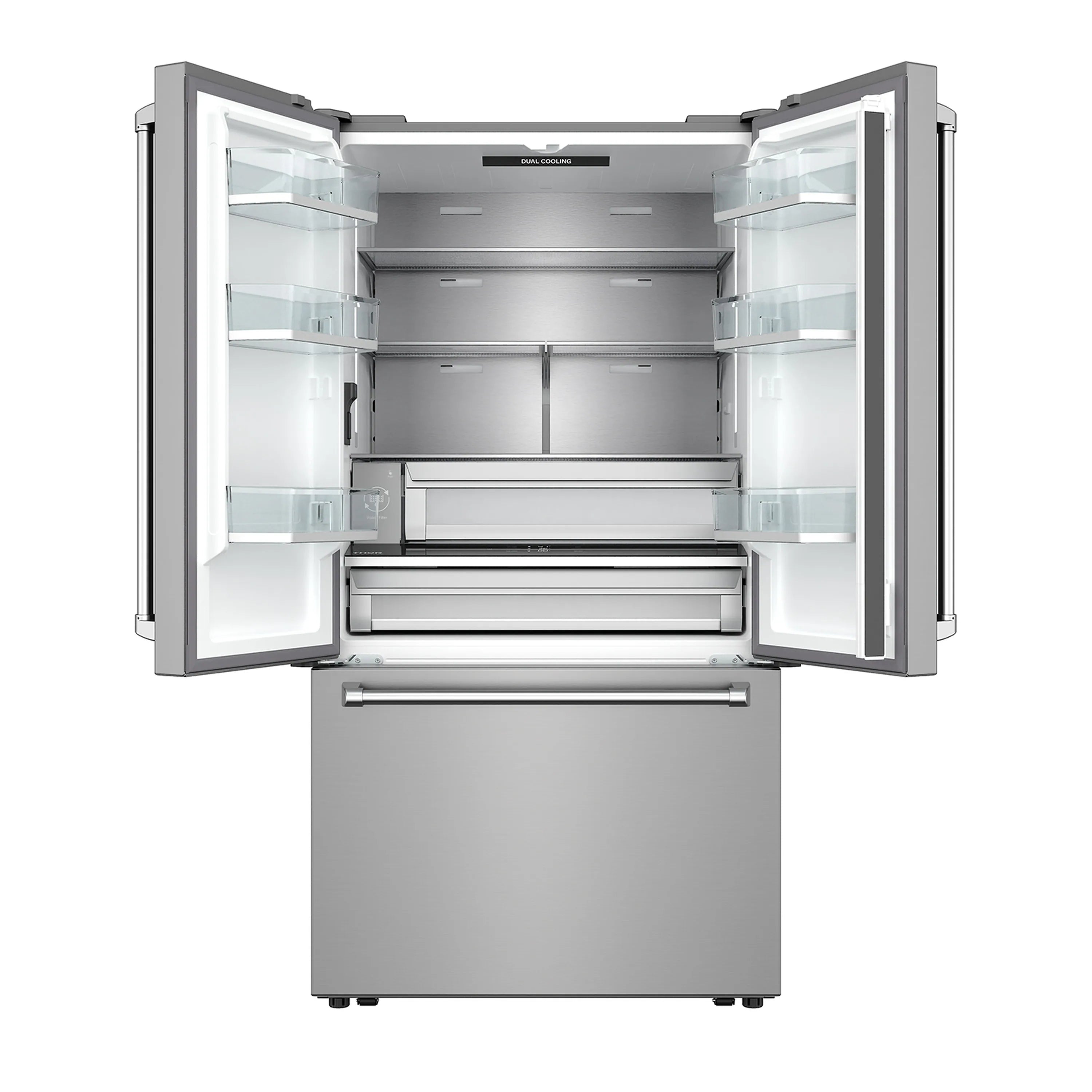 Open French door refrigerator interior with shelves and bottom freezer drawer