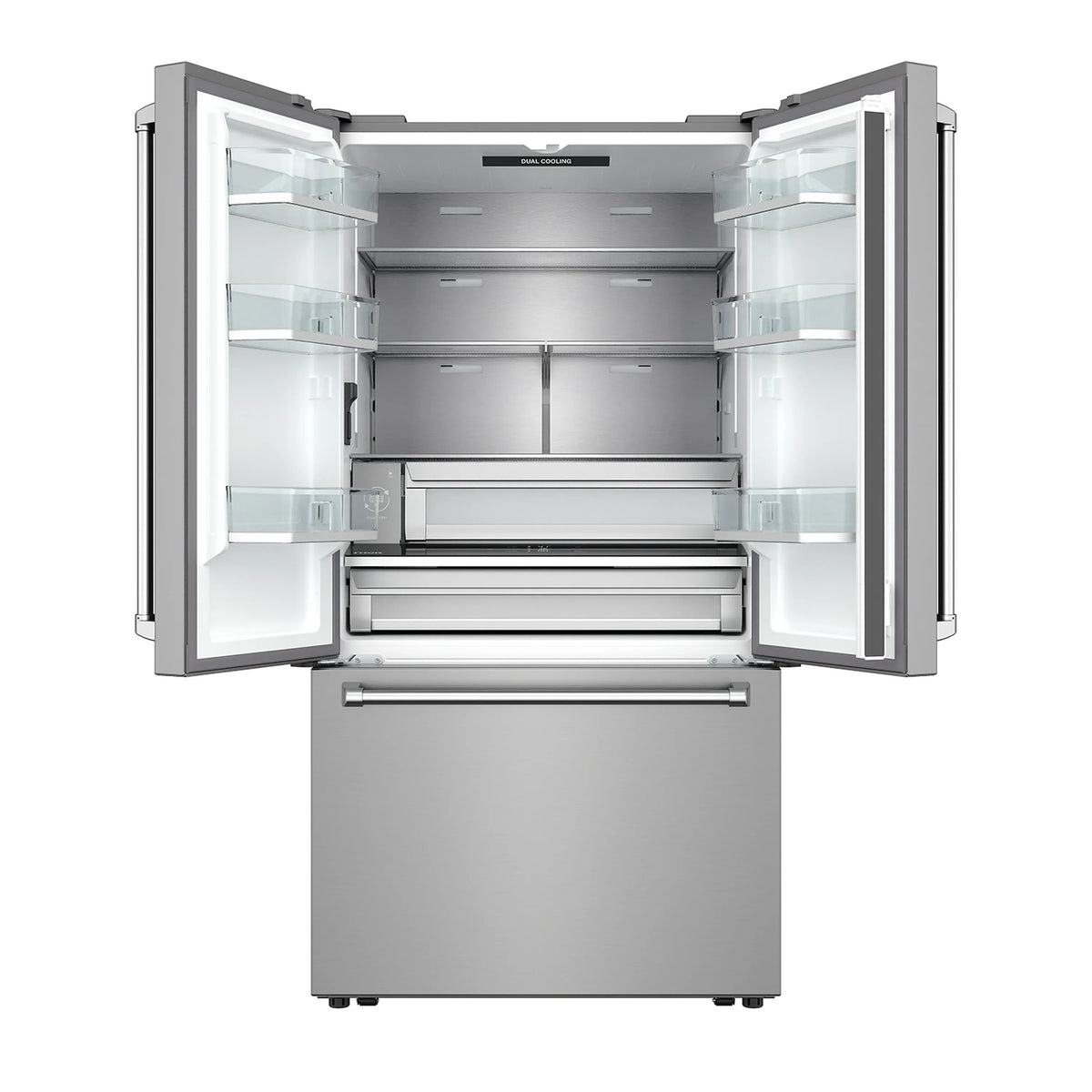 Stainless steel refrigerator with open doors showing adjustable shelves