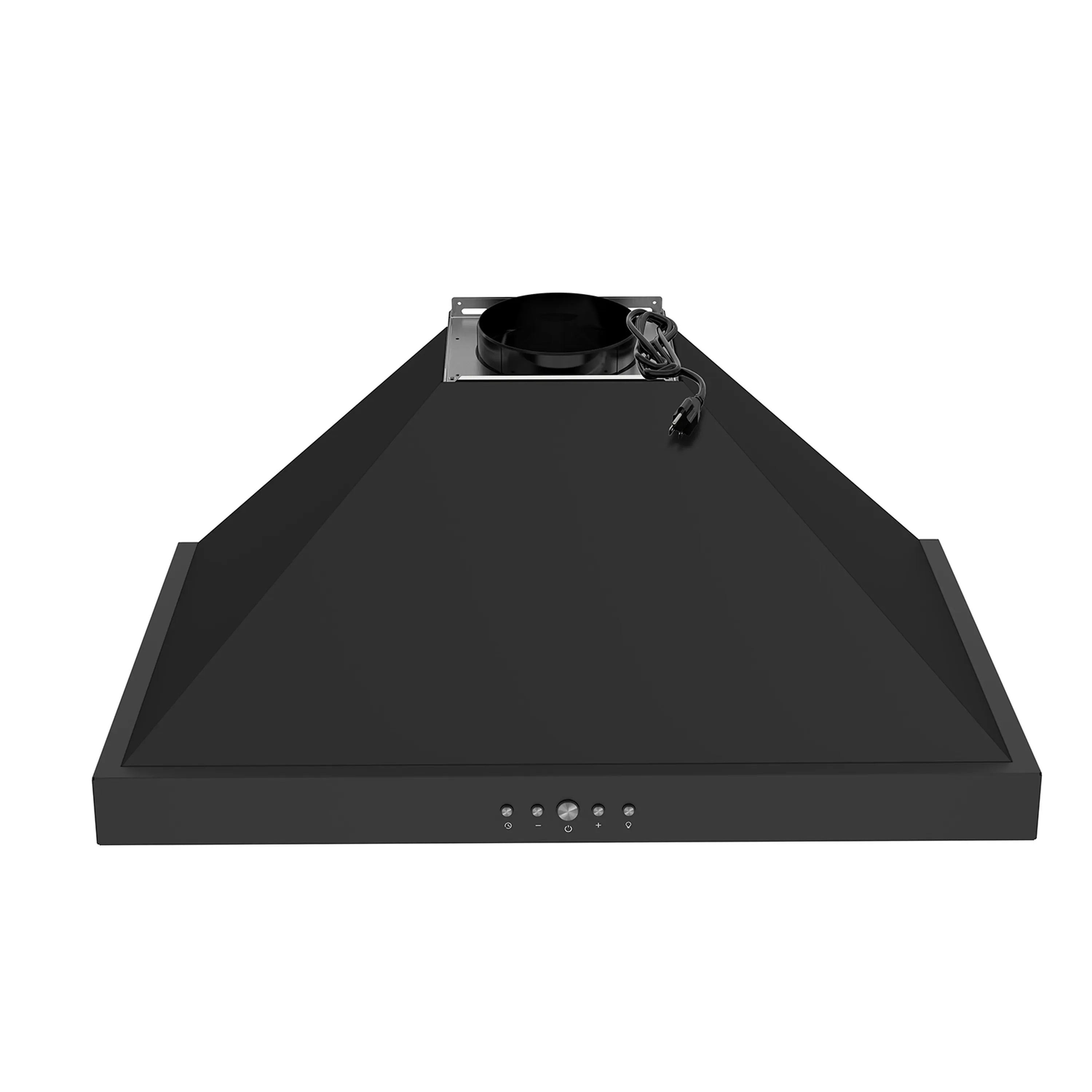 Black wall-mount range hood with front control panel and centered fan area