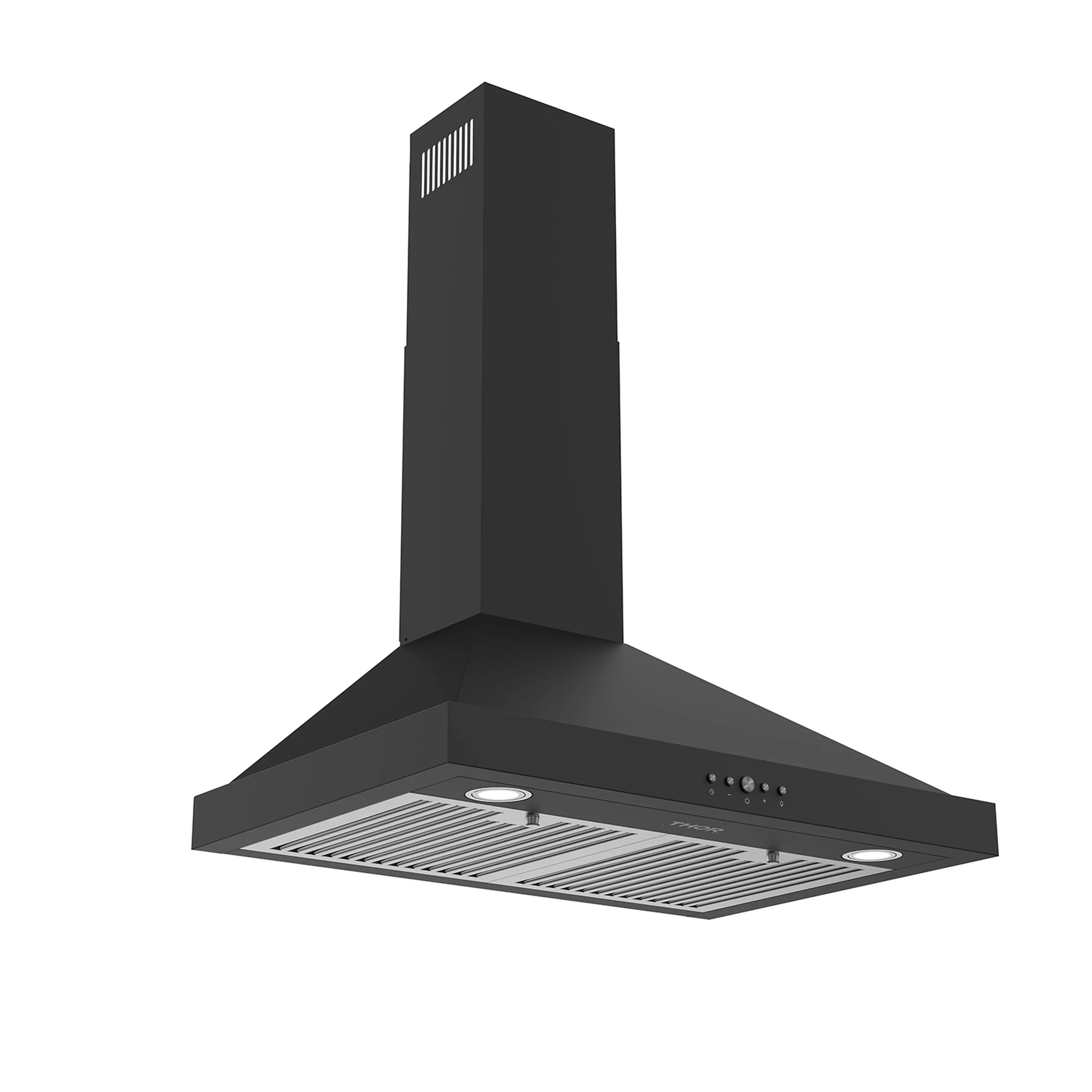 Black wall-mount range hood with vented filter tray and chimney duct