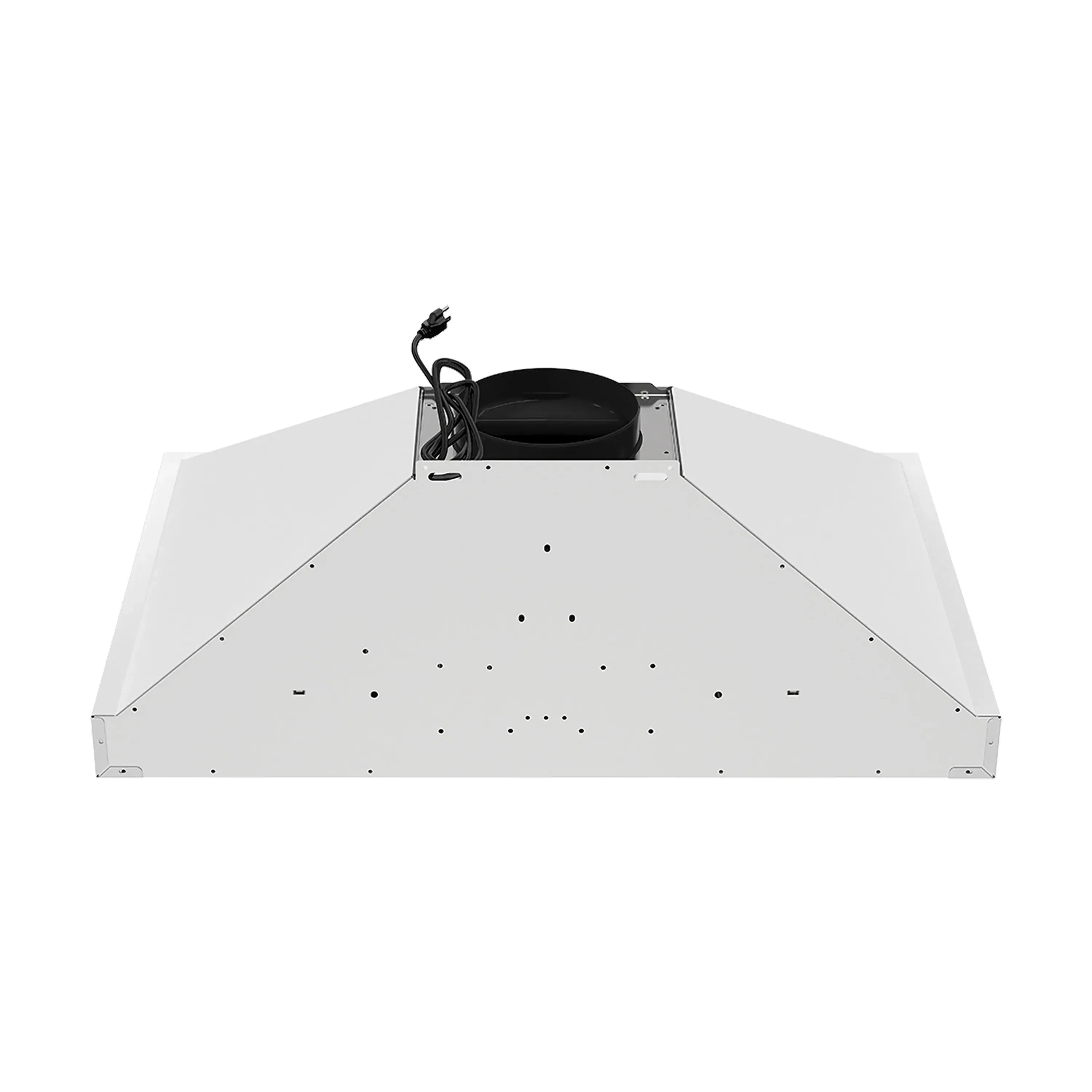 White range hood underside with vent fan motor housing and mounting holes