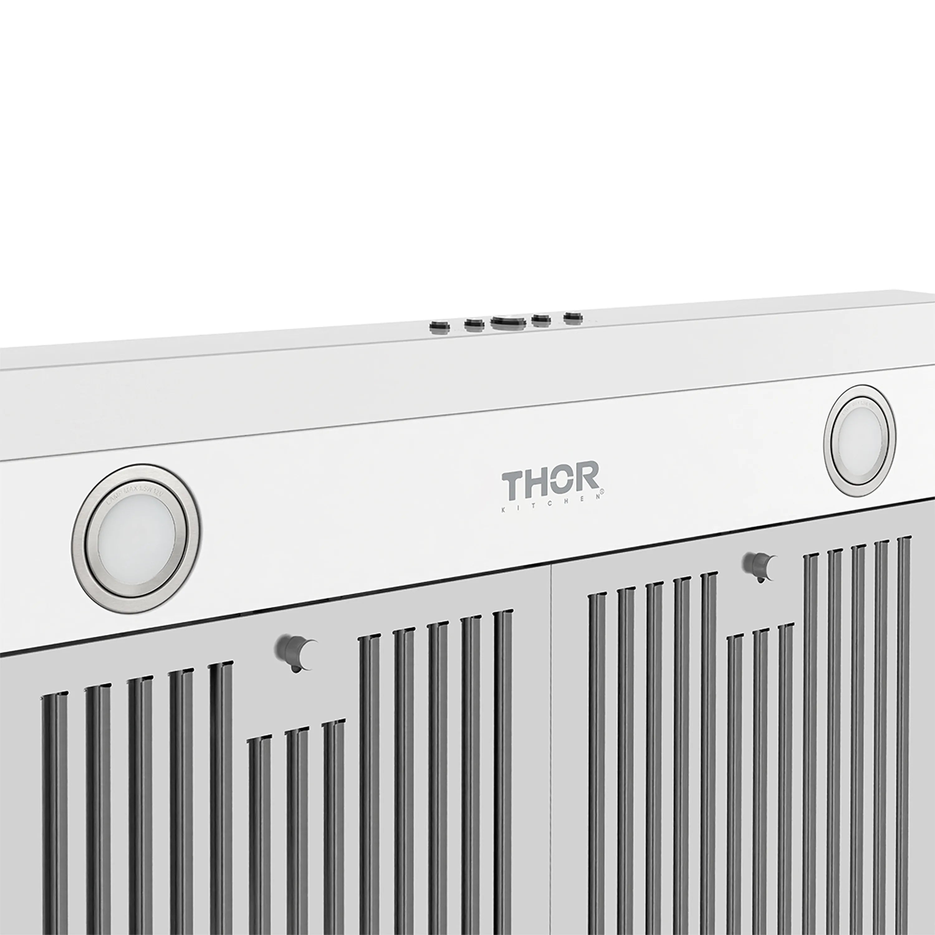 White range hood face with THOR logo and two large circular light controls