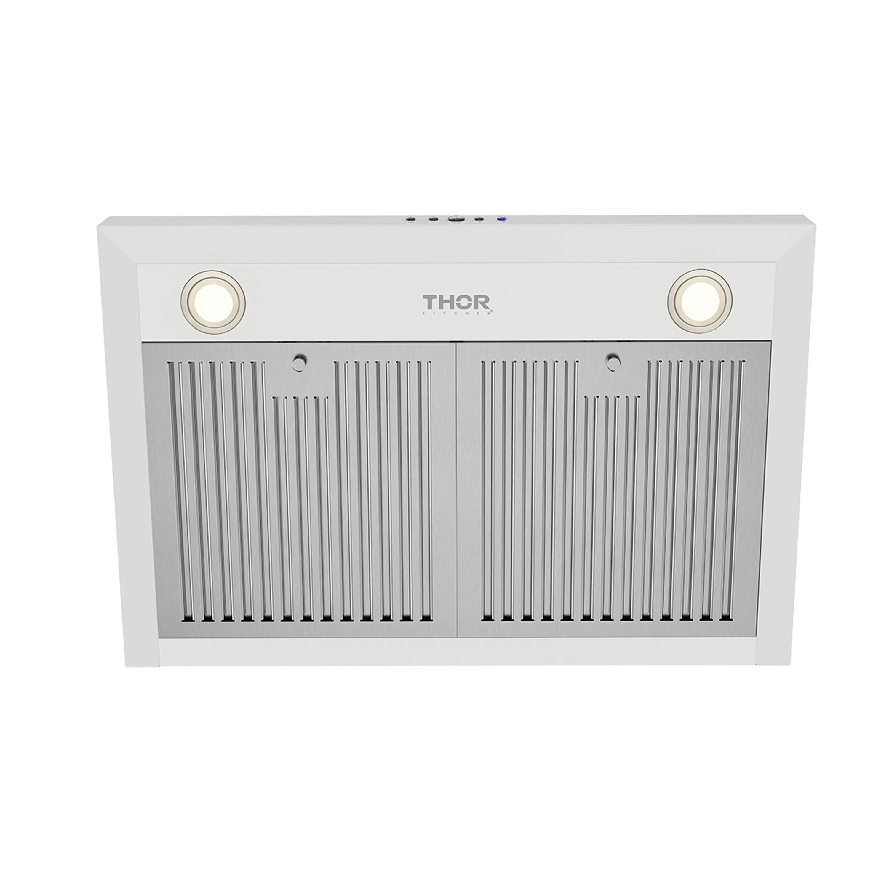 White wall mount range hood front panel with THOR logo and two round knobs