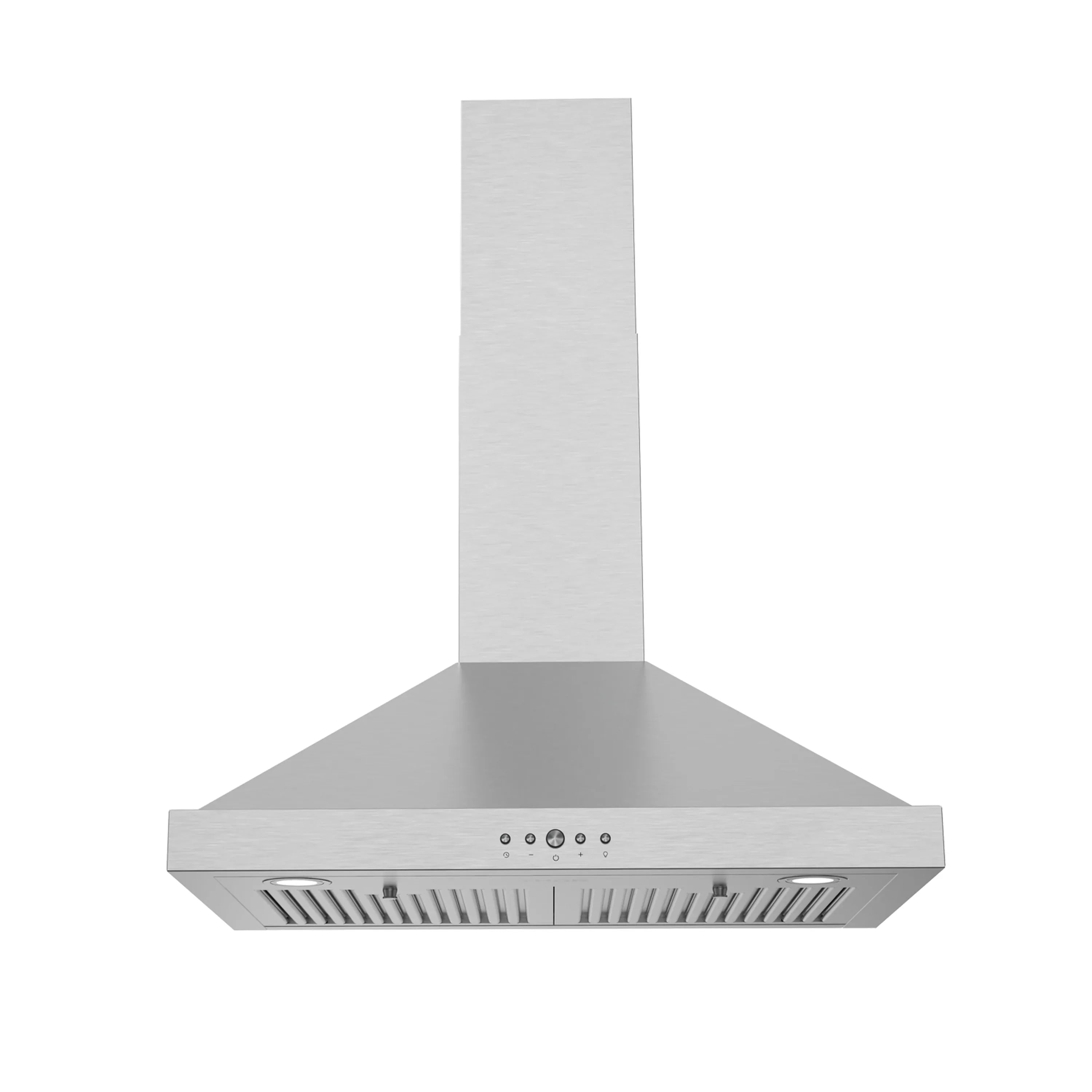 Stainless wall-mounted chimney range hood with front filter grille and control buttons.