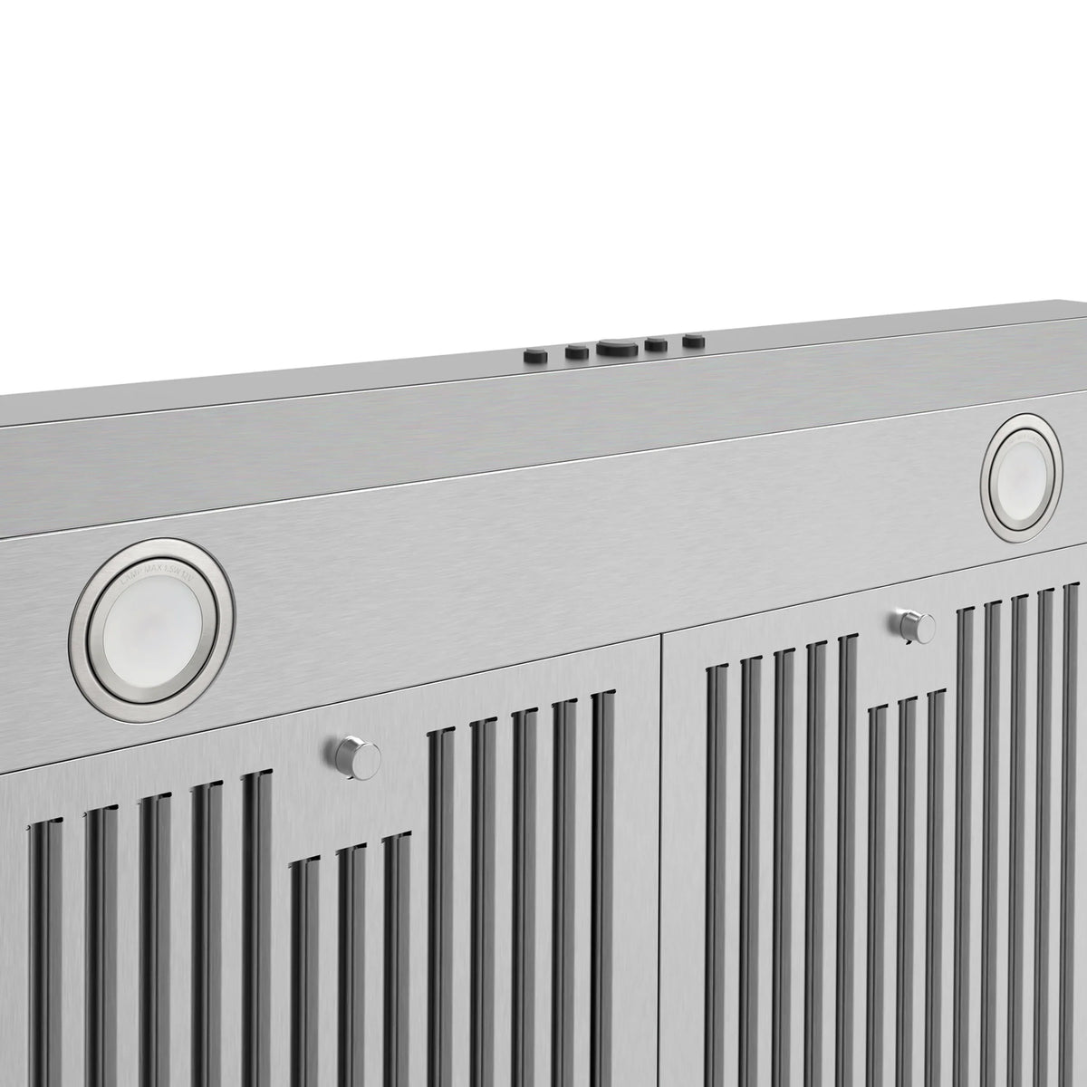 Stainless steel wall-mount hood front with circular controls and vent grille