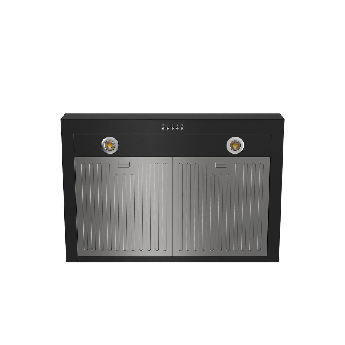Black wall-mount range hood with decorative vent panel and two round lights