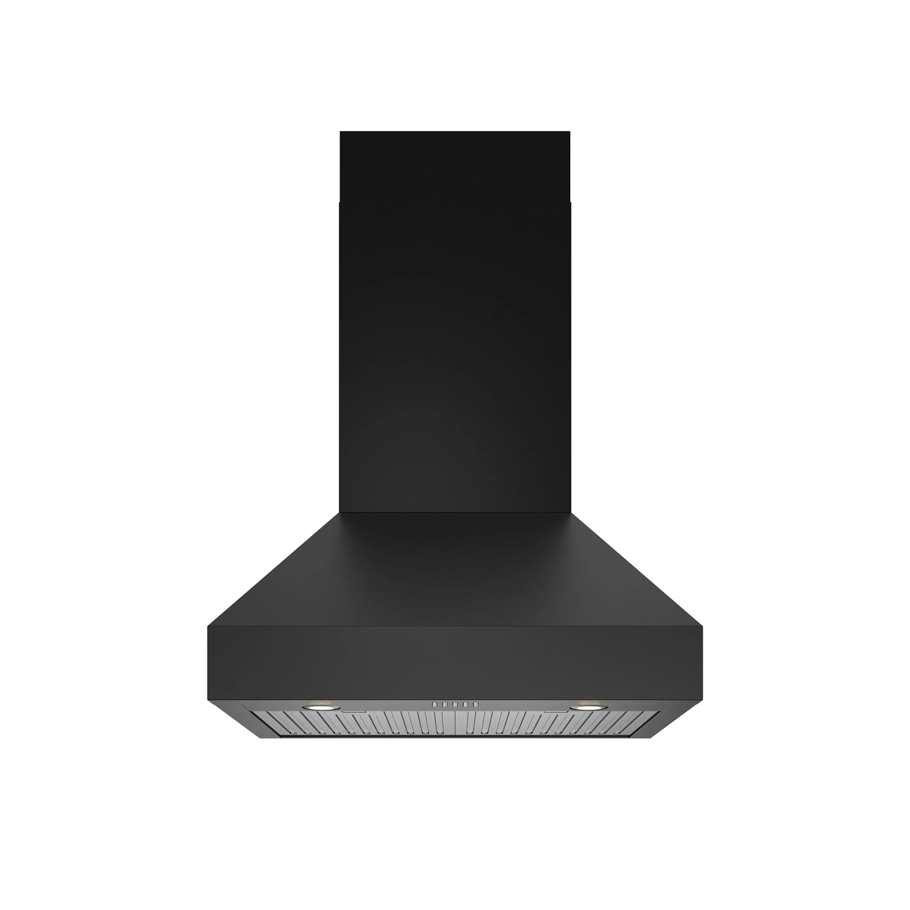 Black range hood with curved canopy and integrated underside lights