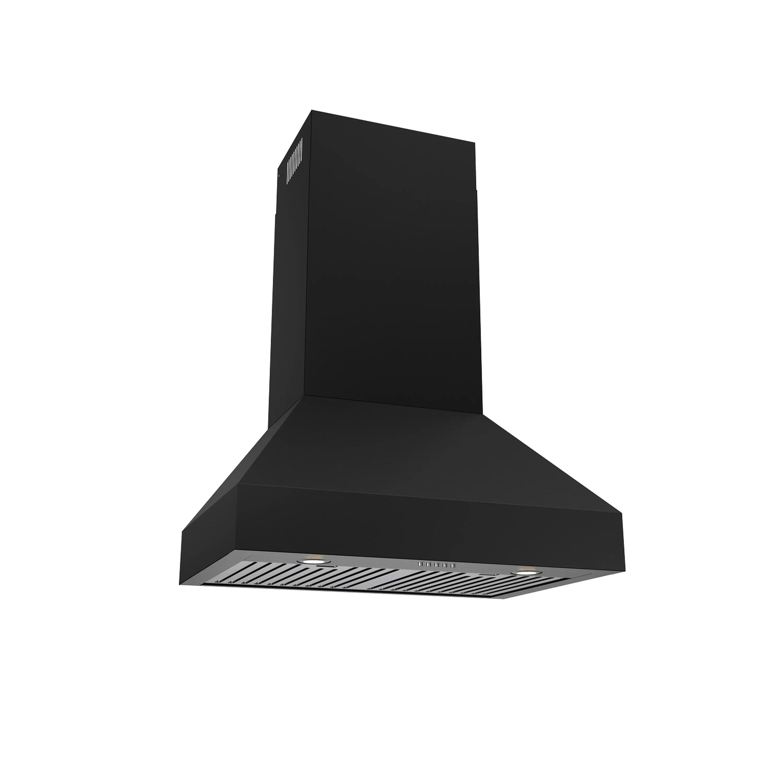Black chimney-style range hood with curved canopy and vented underside.