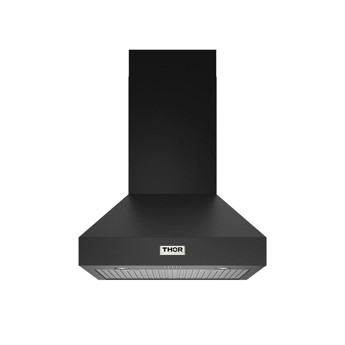Black wall-mounted range hood with Thor badge, stainless vent grille
