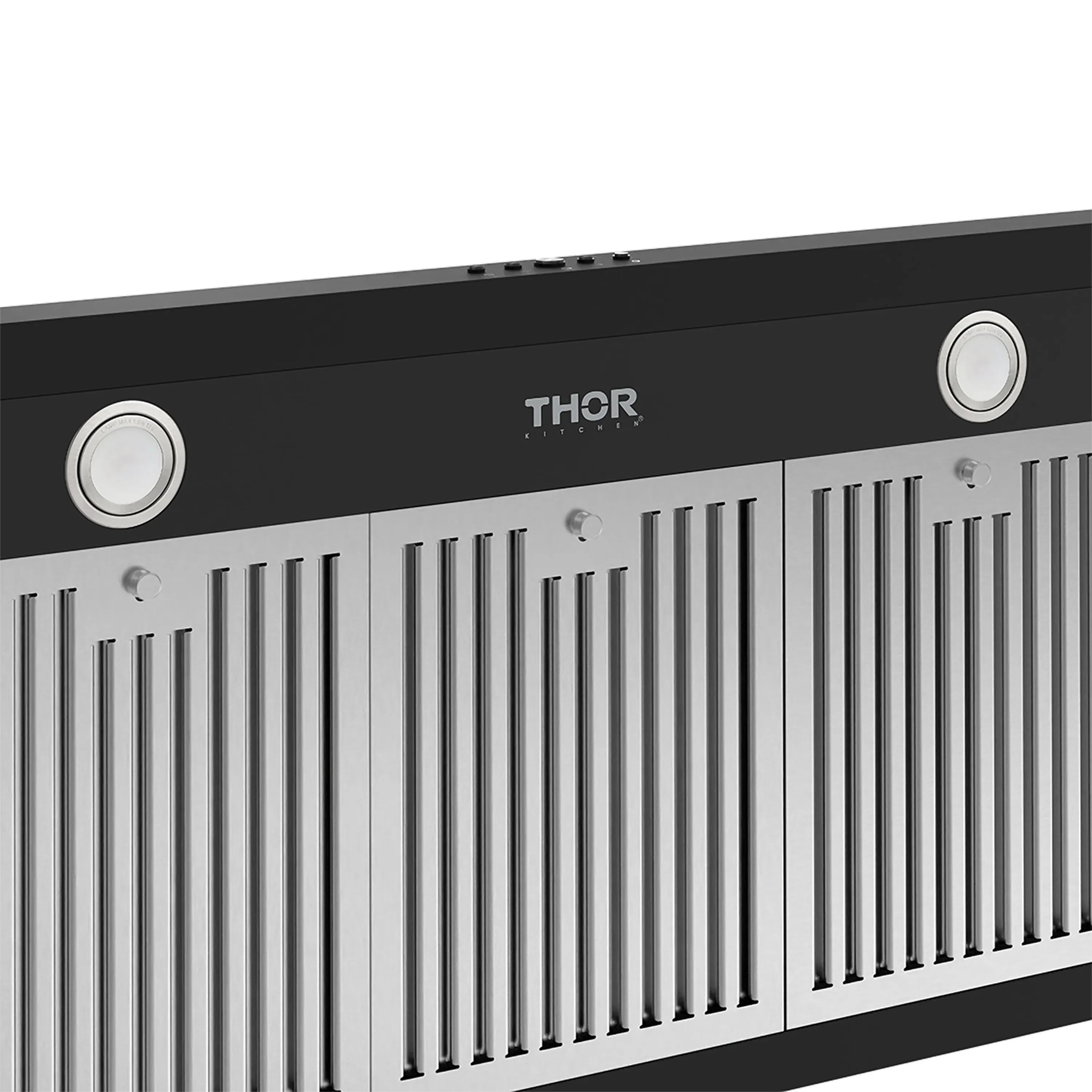 Black Thor range hood top panel with THOR logo and vent grille