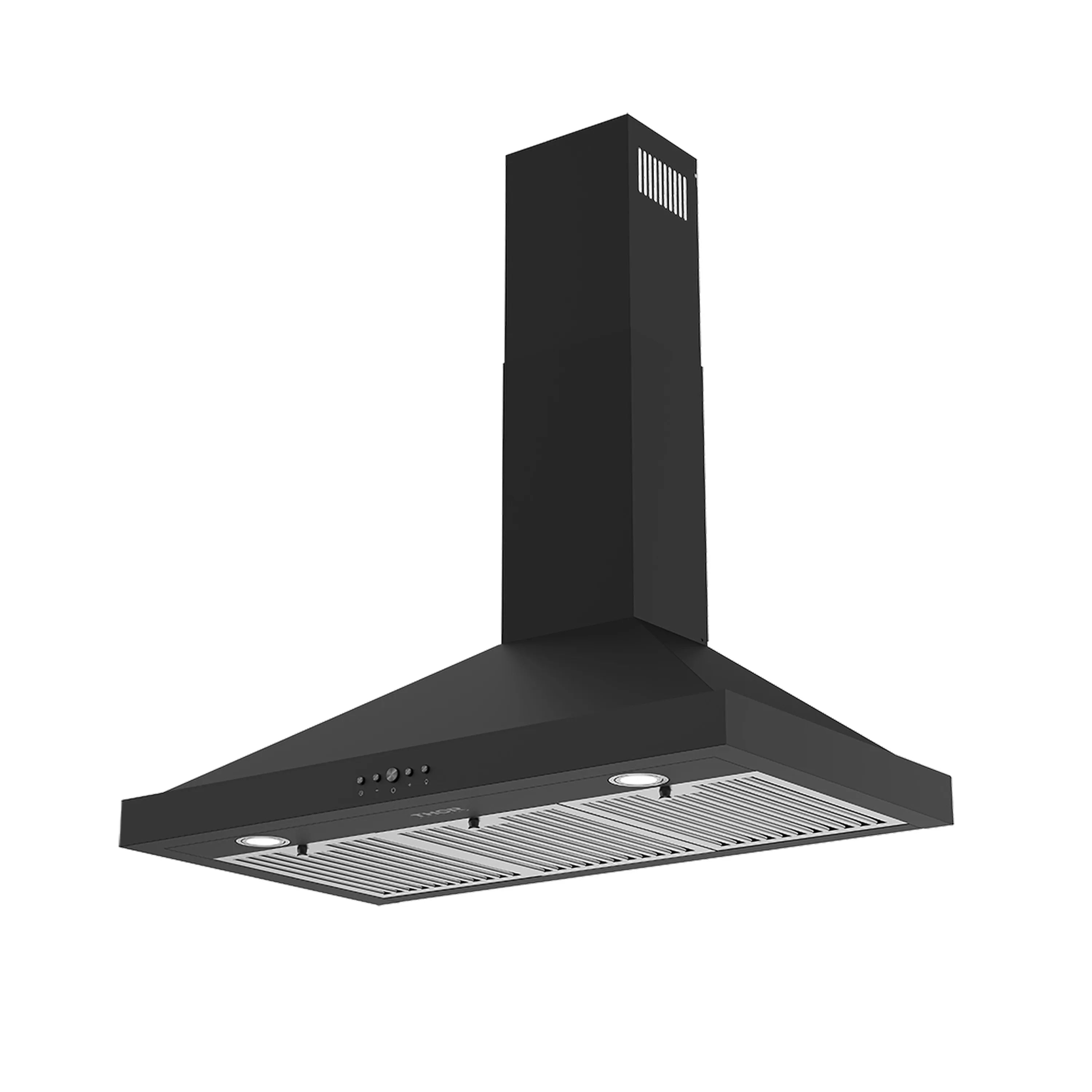 Black wall-mount range hood with front controls and stainless filter tray