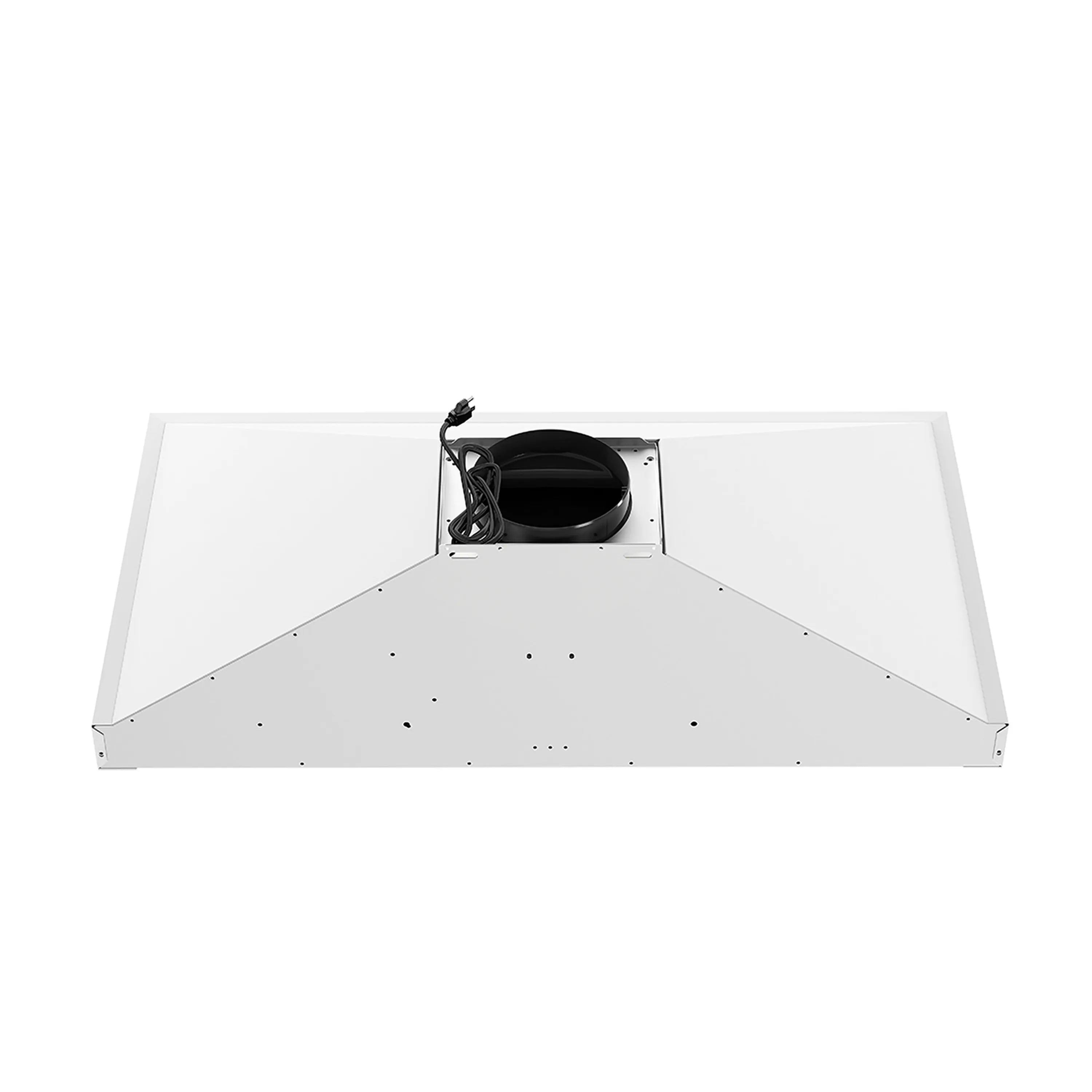White range hood chimney with blower fan visible inside the duct housing