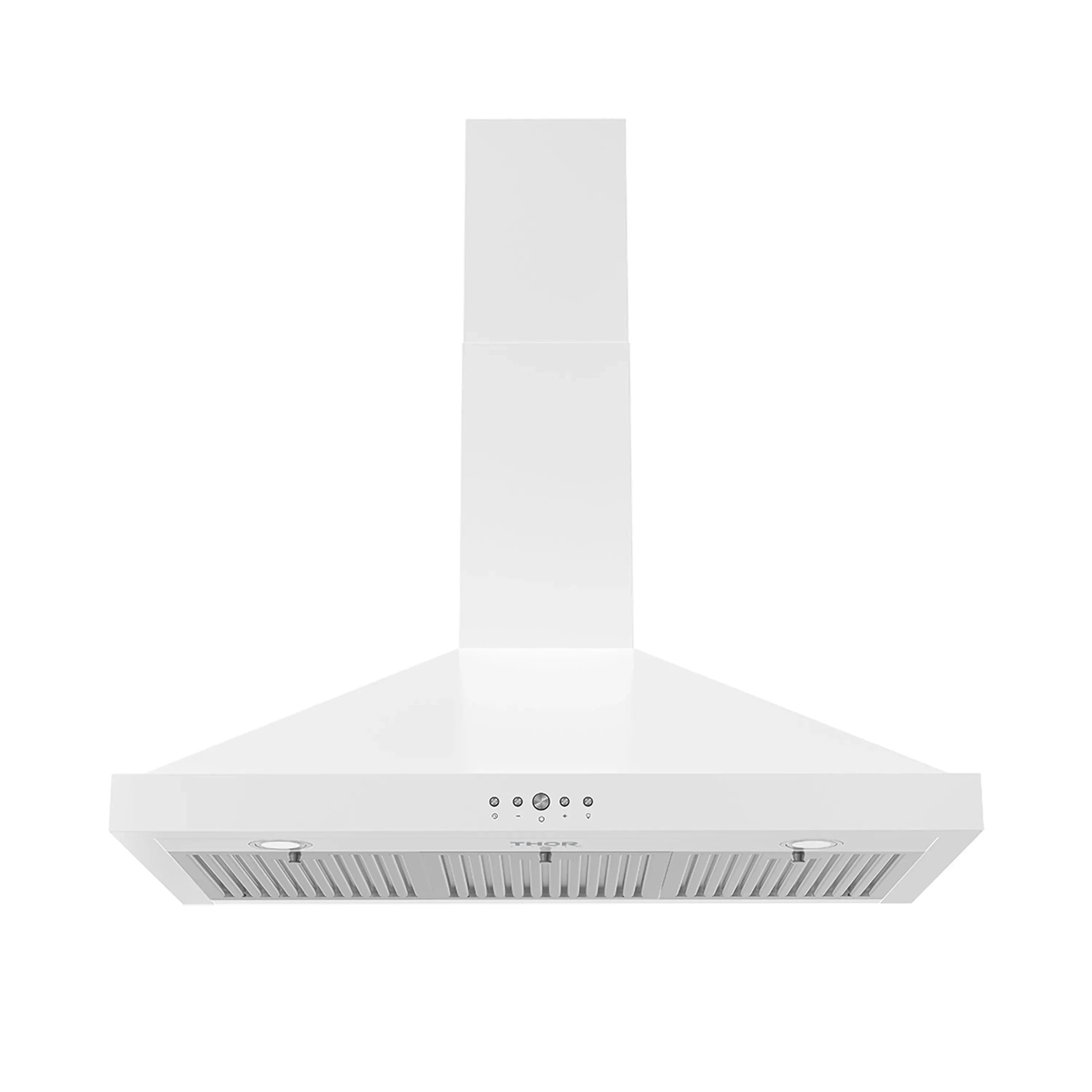 White wall-mount range hood with underside vent and chimney duct