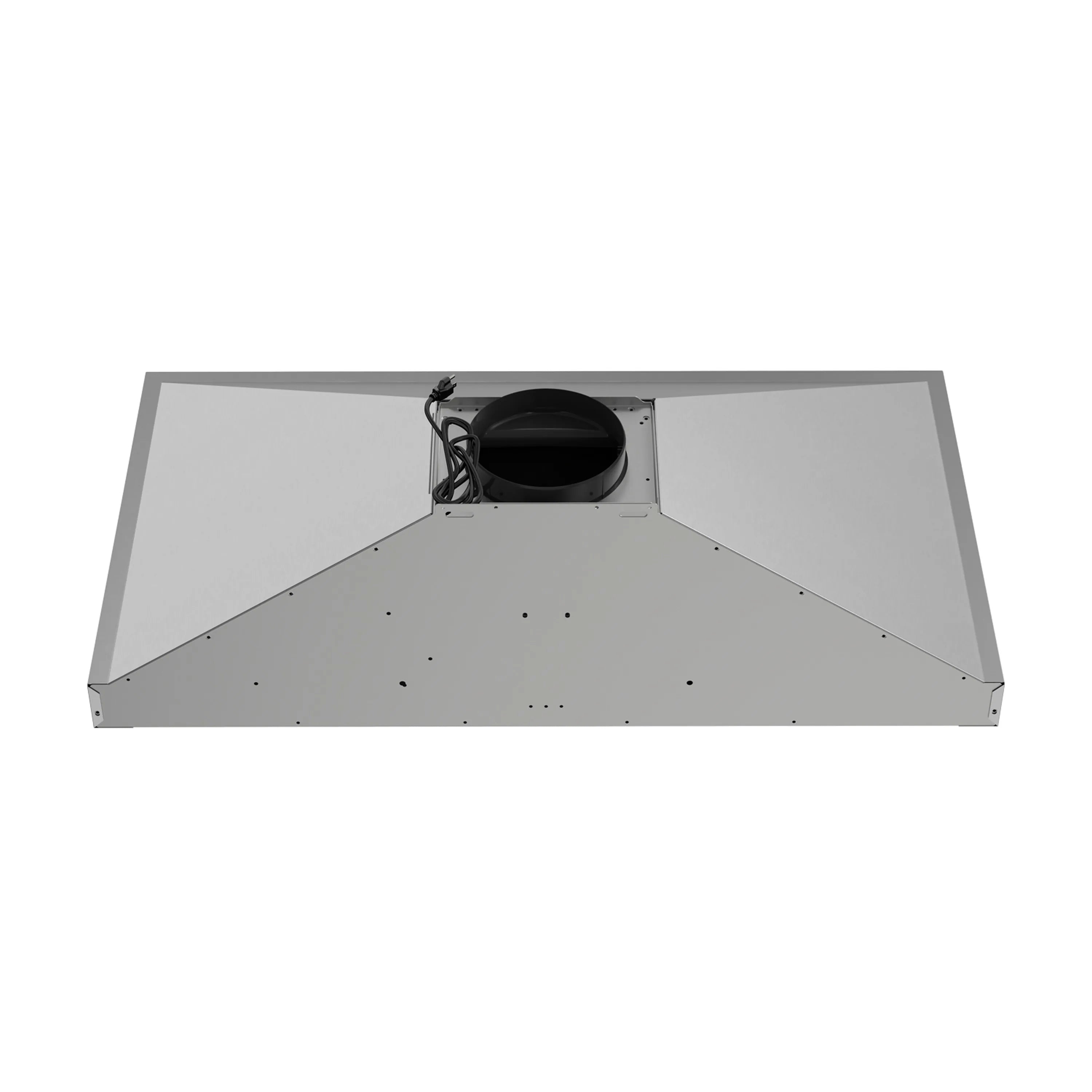 Stainless steel chimney range hood, underside baffle and mounting bracket details