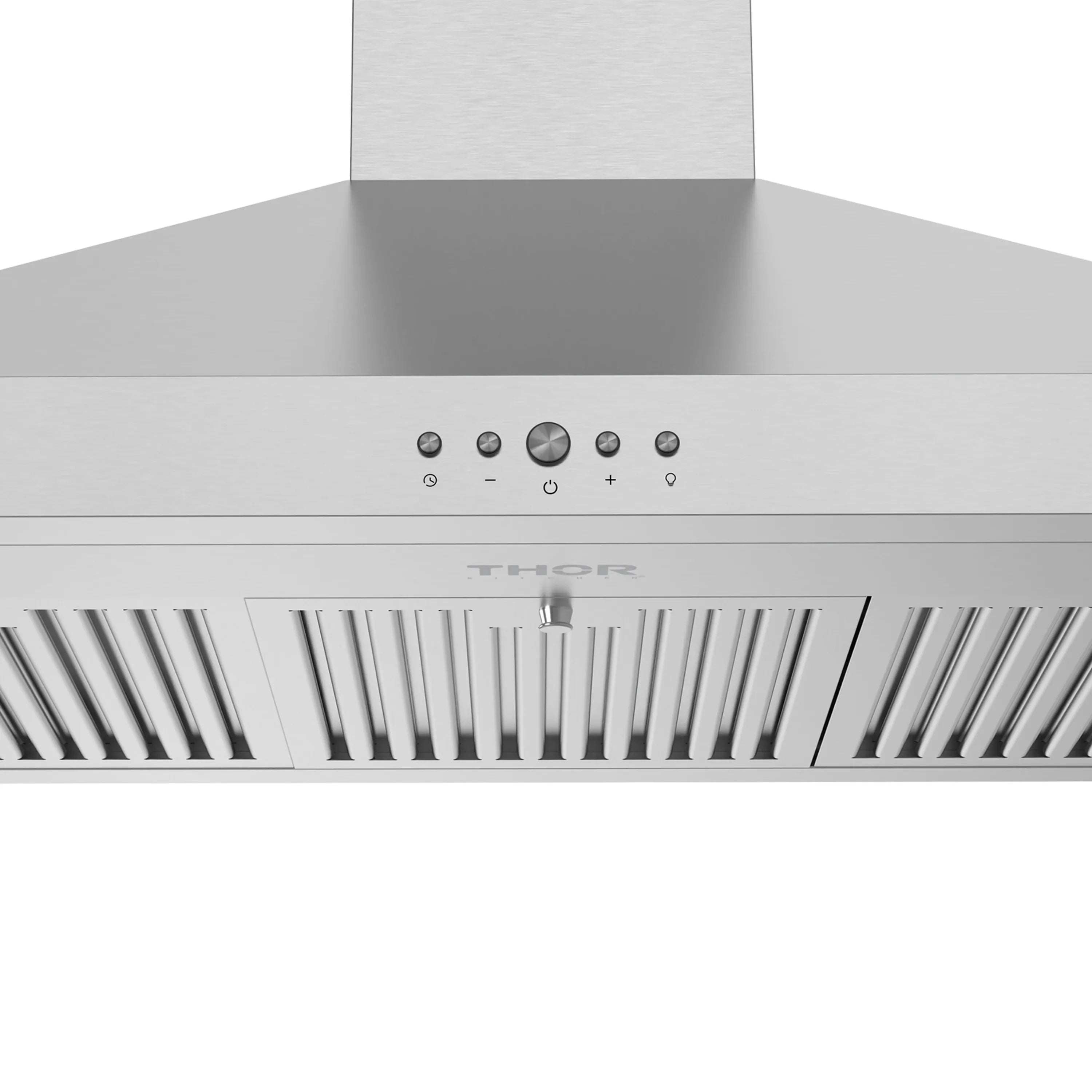Stainless steel range hood control panel with indicator lights and vent grilles