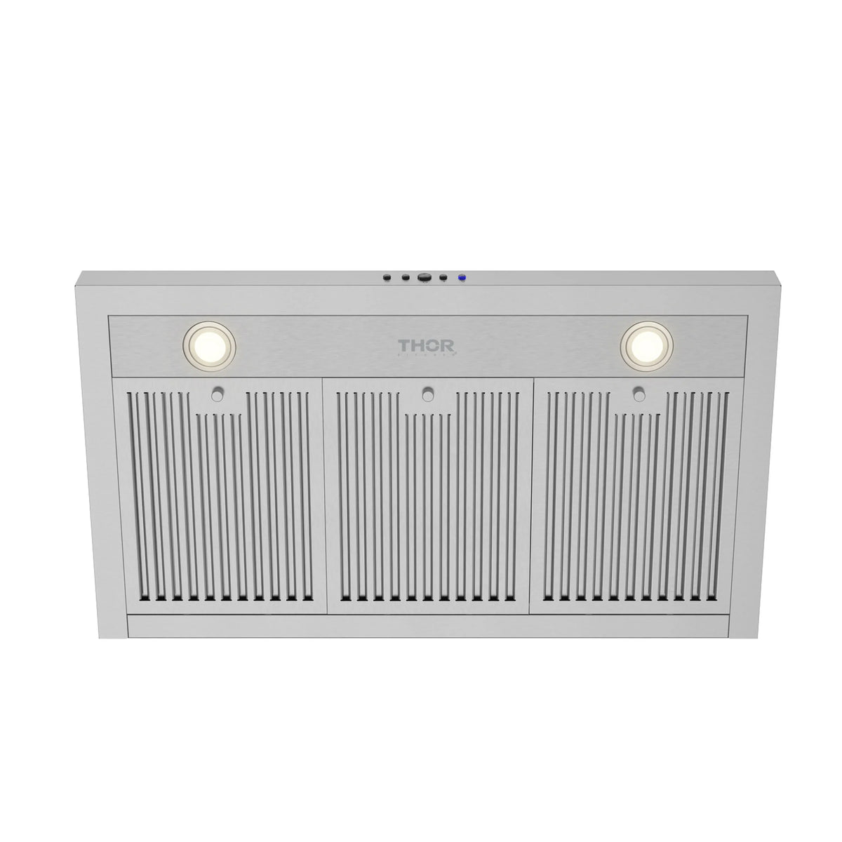 Stainless steel range hood front with three vent sections and two round light fixtures