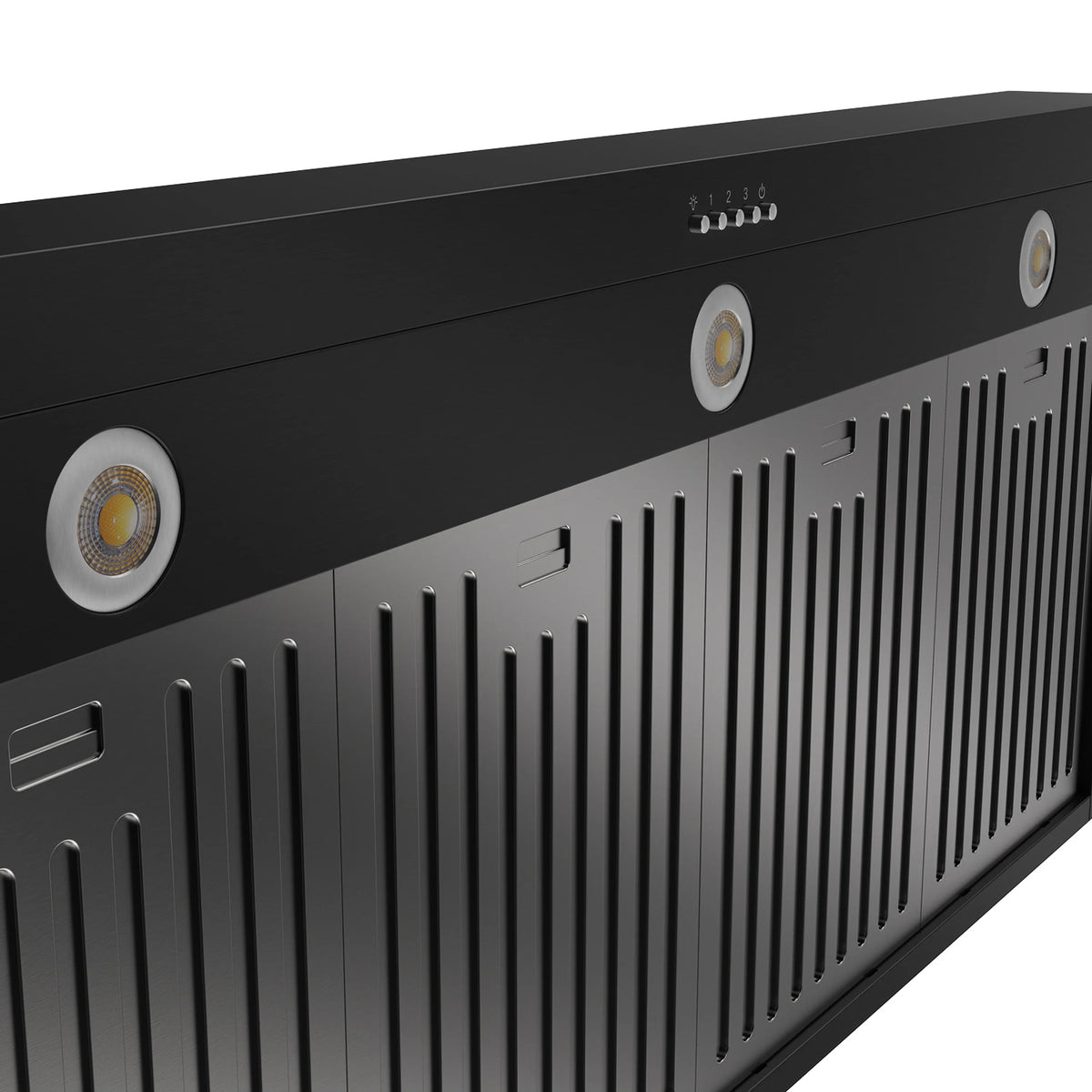 Black range hood side with circular light openings and vertical vent slats