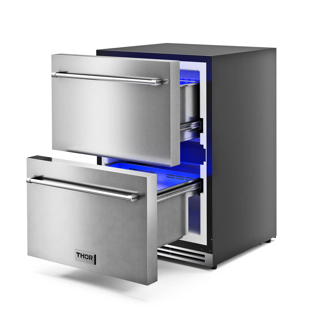 Stainless steel freezer drawer with drawers open to reveal blue-lit interior