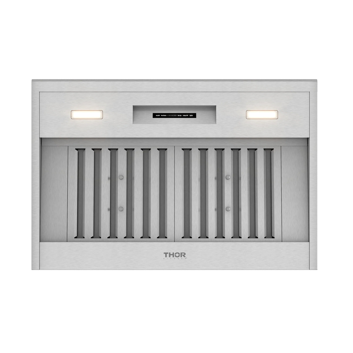 Stainless steel microwave drawer front with lit controls and vertical vent slats