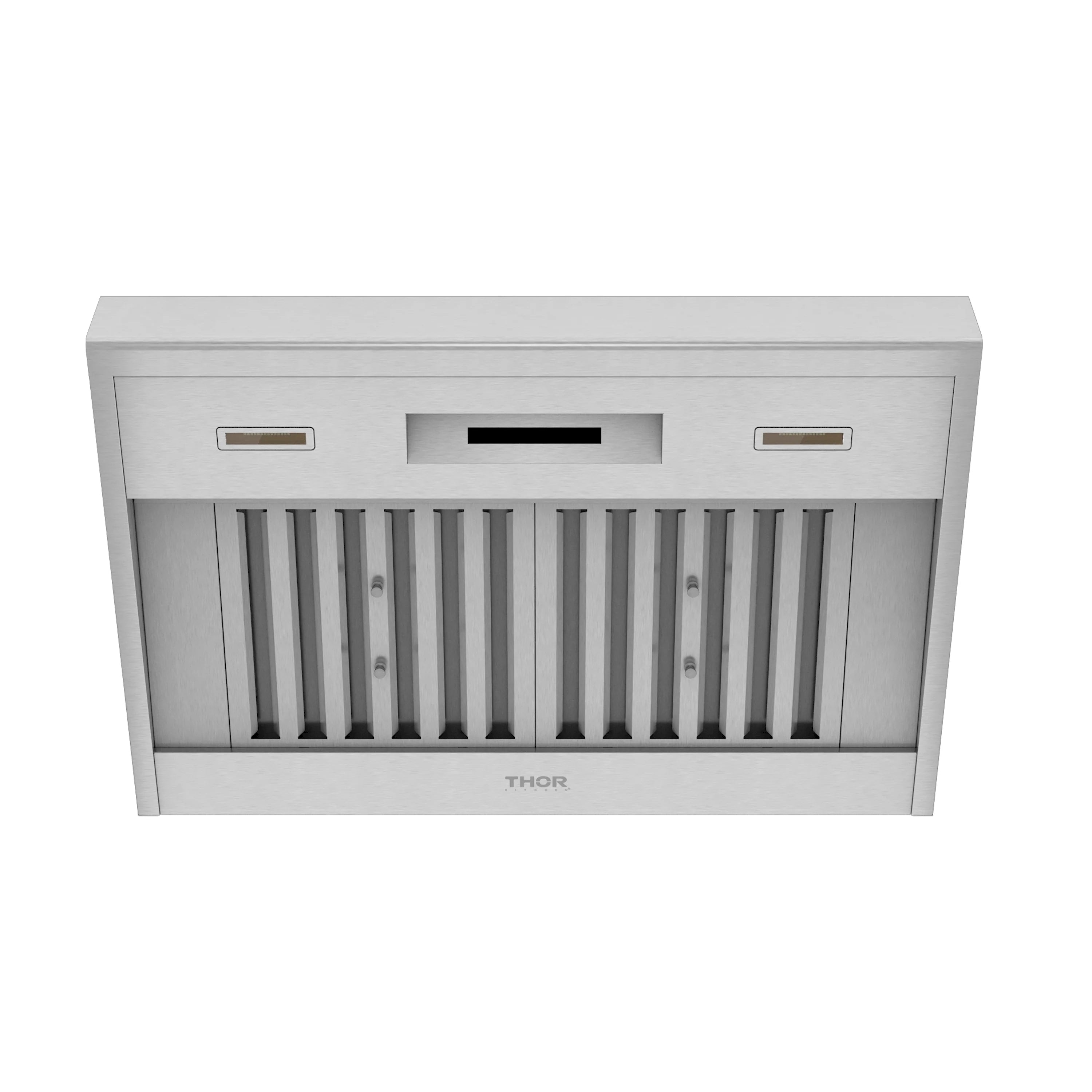 Stainless steel under-cabinet range hood with front grille and THOR control panel