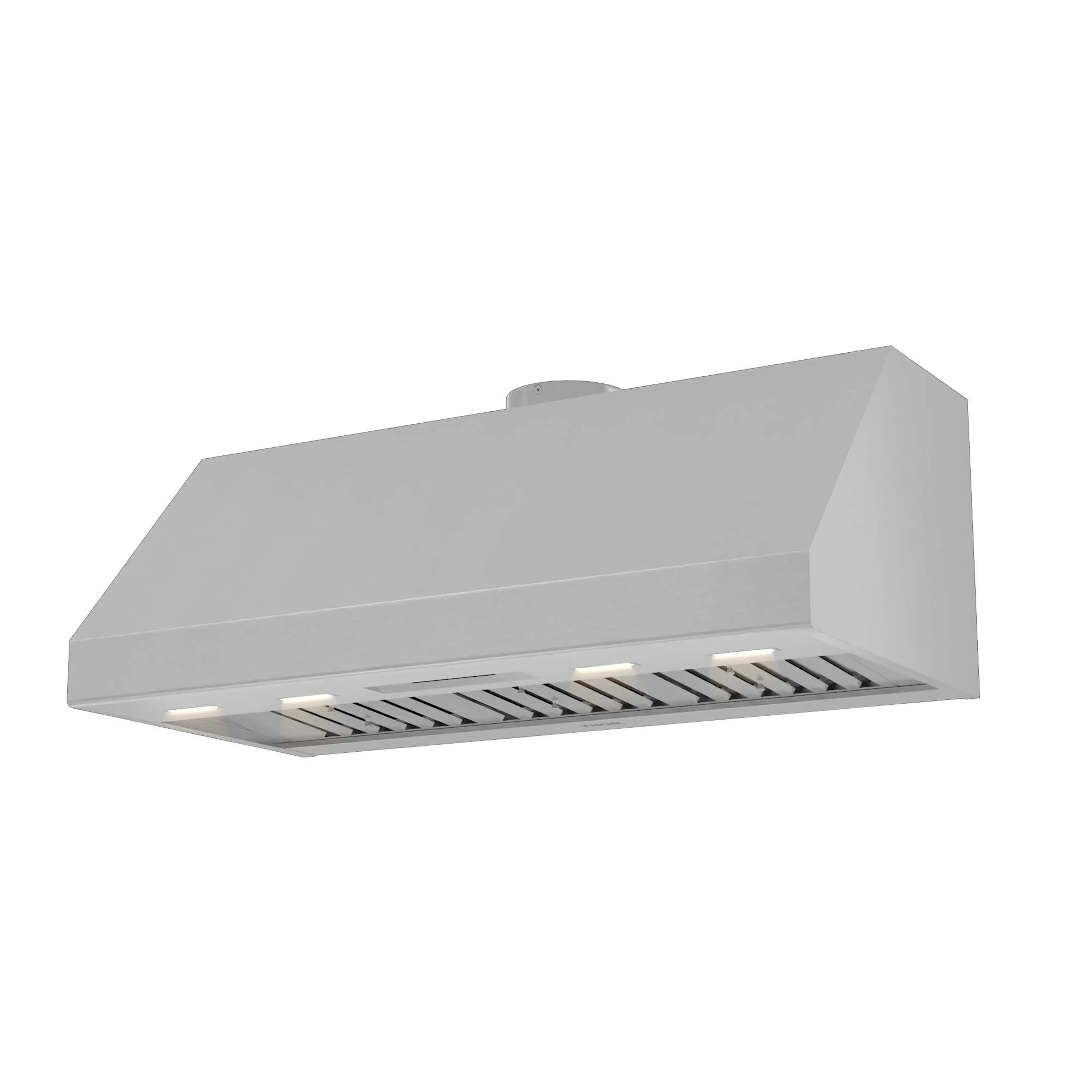 Stainless steel under-cabinet range hood side view with vent slots and lights