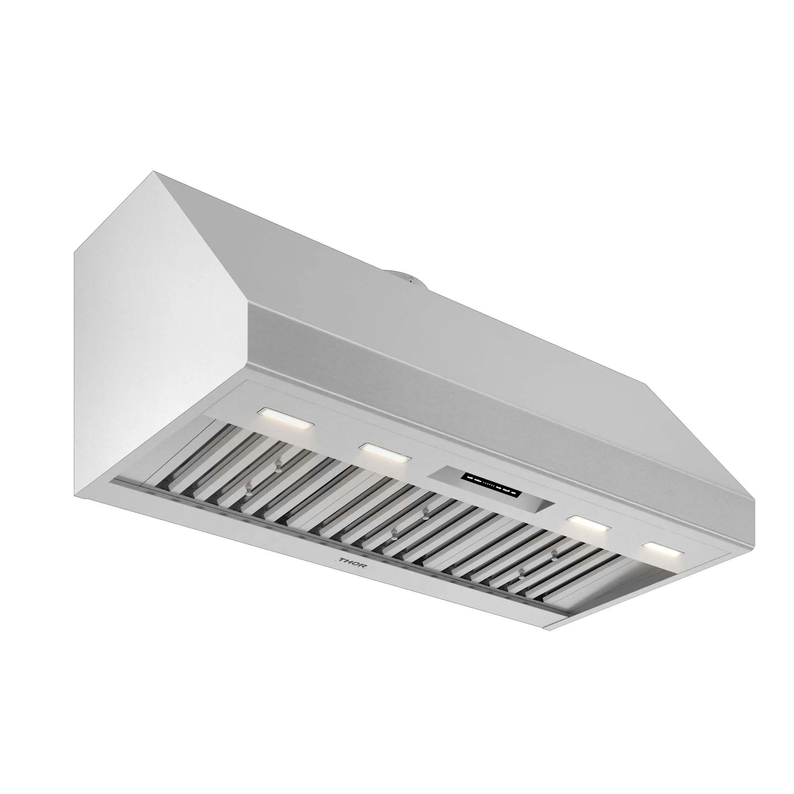 Stainless steel under-cabinet range hood with vent grille and LED lights