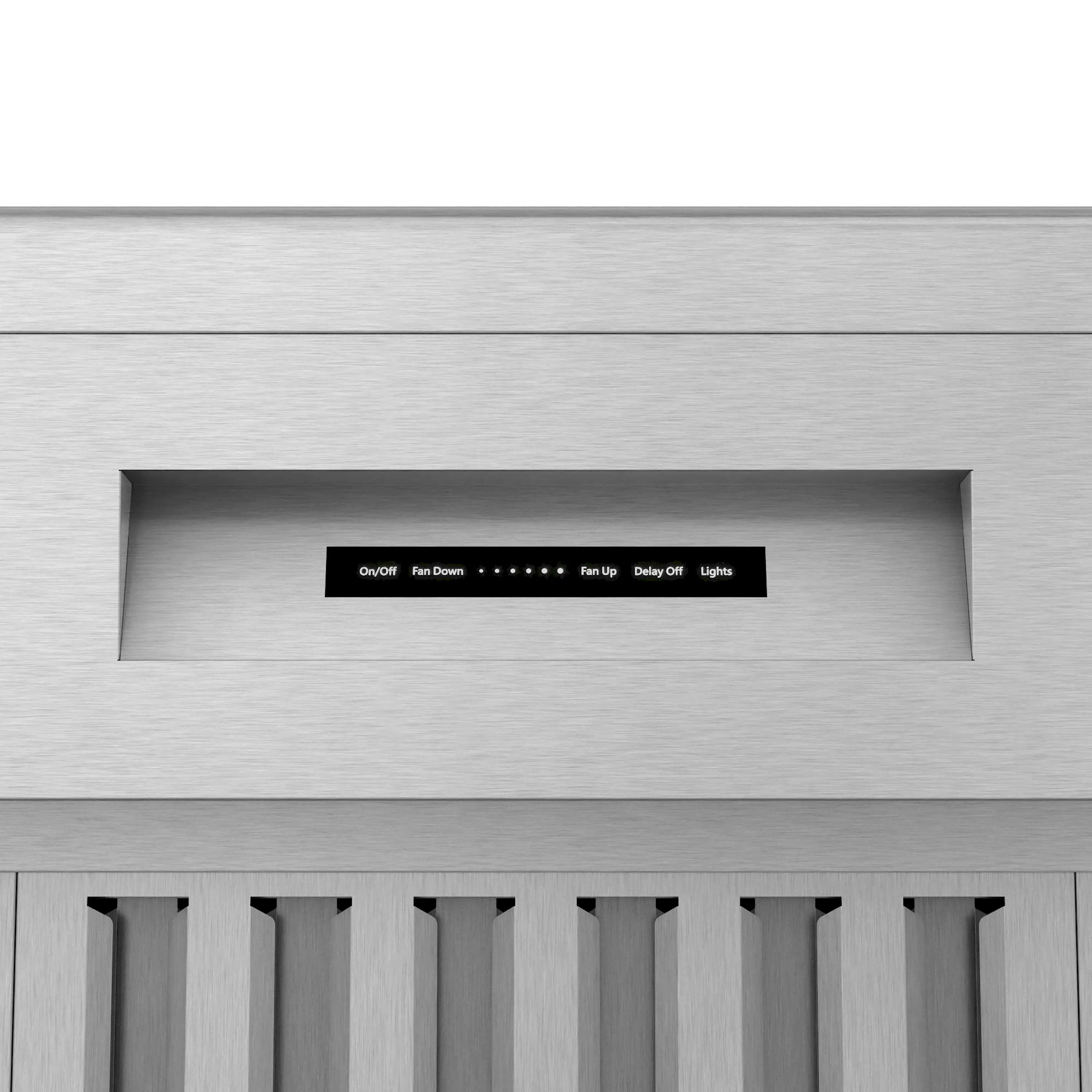 Under-cabinet range hood control panel with icons and fan speed settings