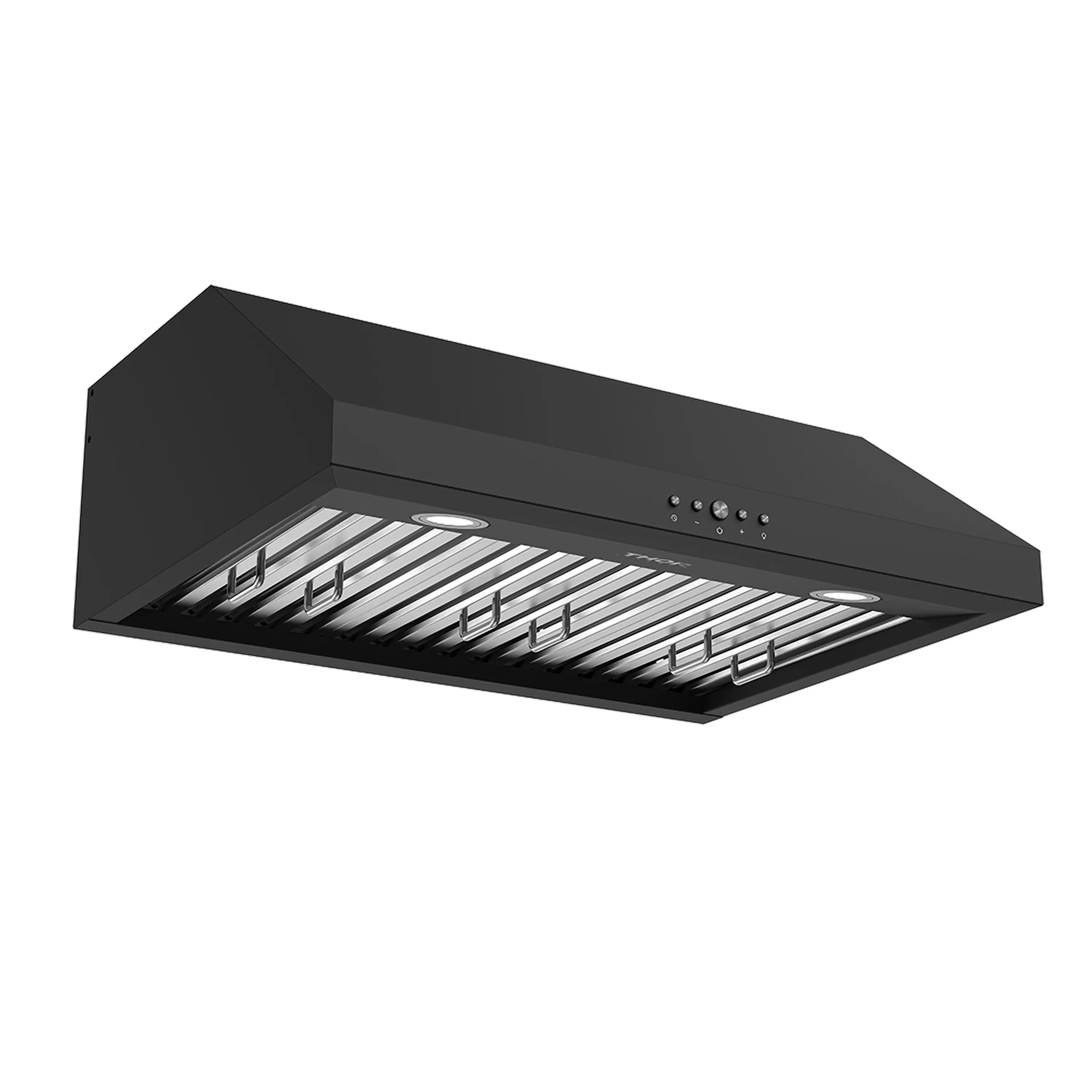 Black convertible range hood angled view showing baffle filter grates and lights
