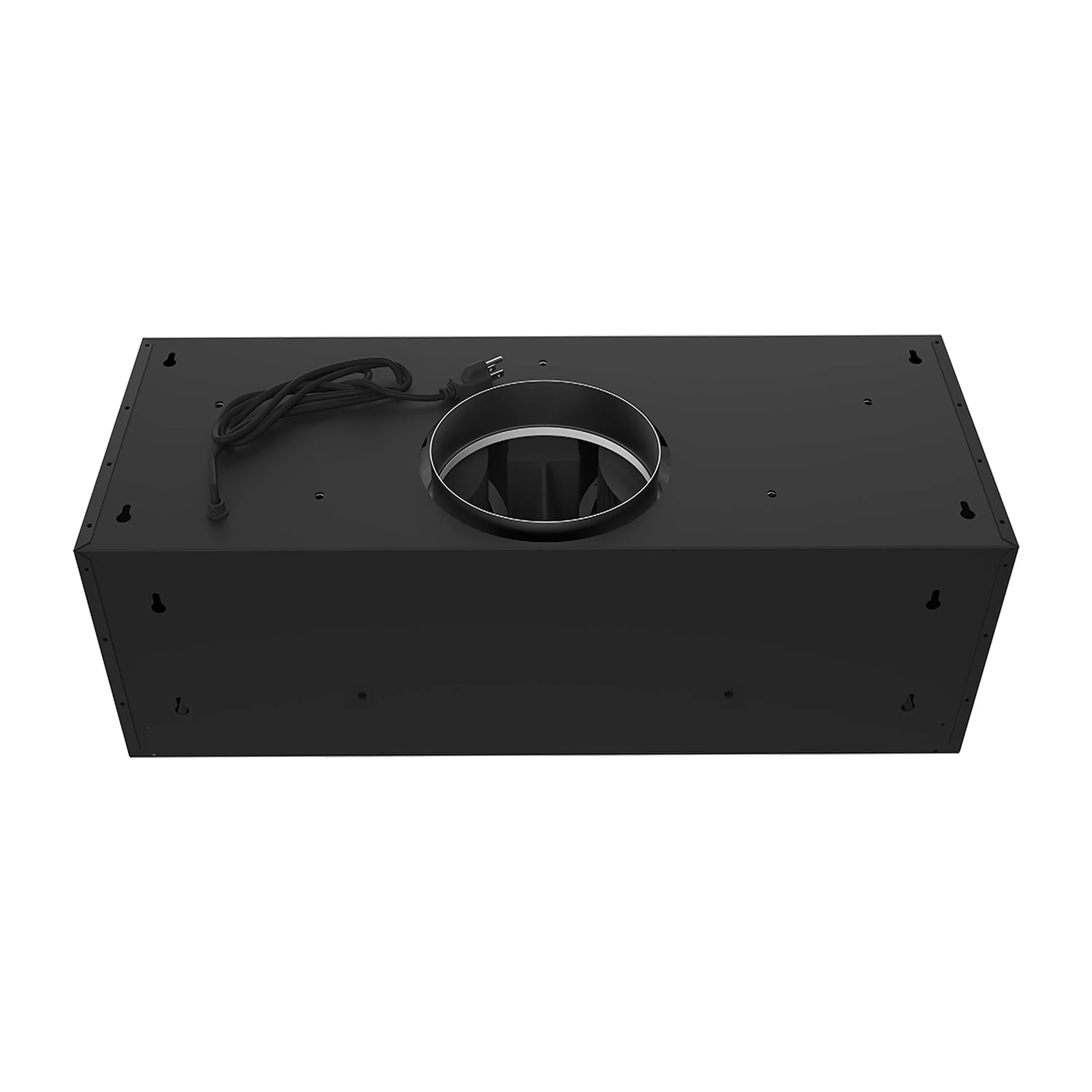 Black under-cabinet hood base with centered duct collar and hanging power cord