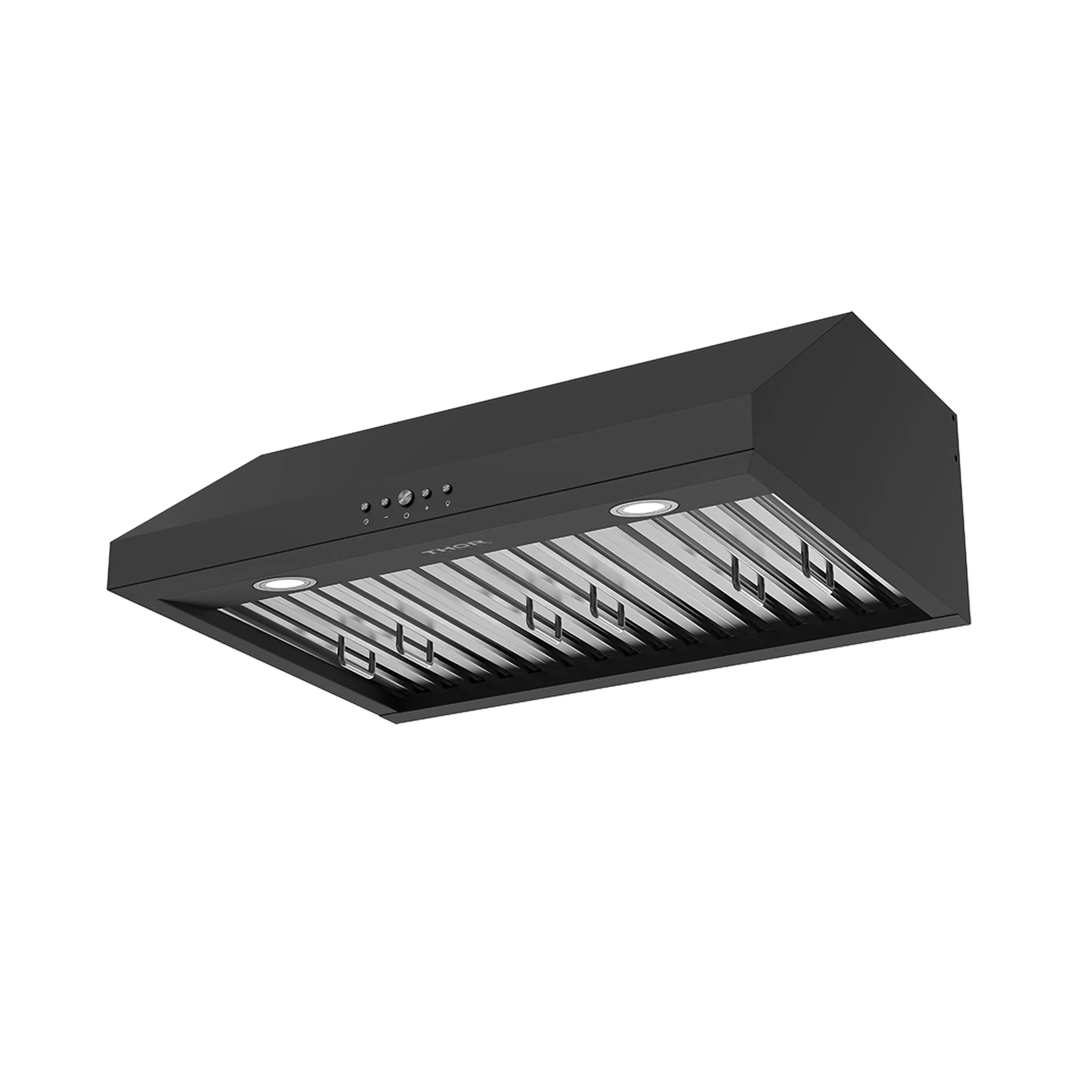 Black under-cabinet range hood with baffle filter interior and front control panel