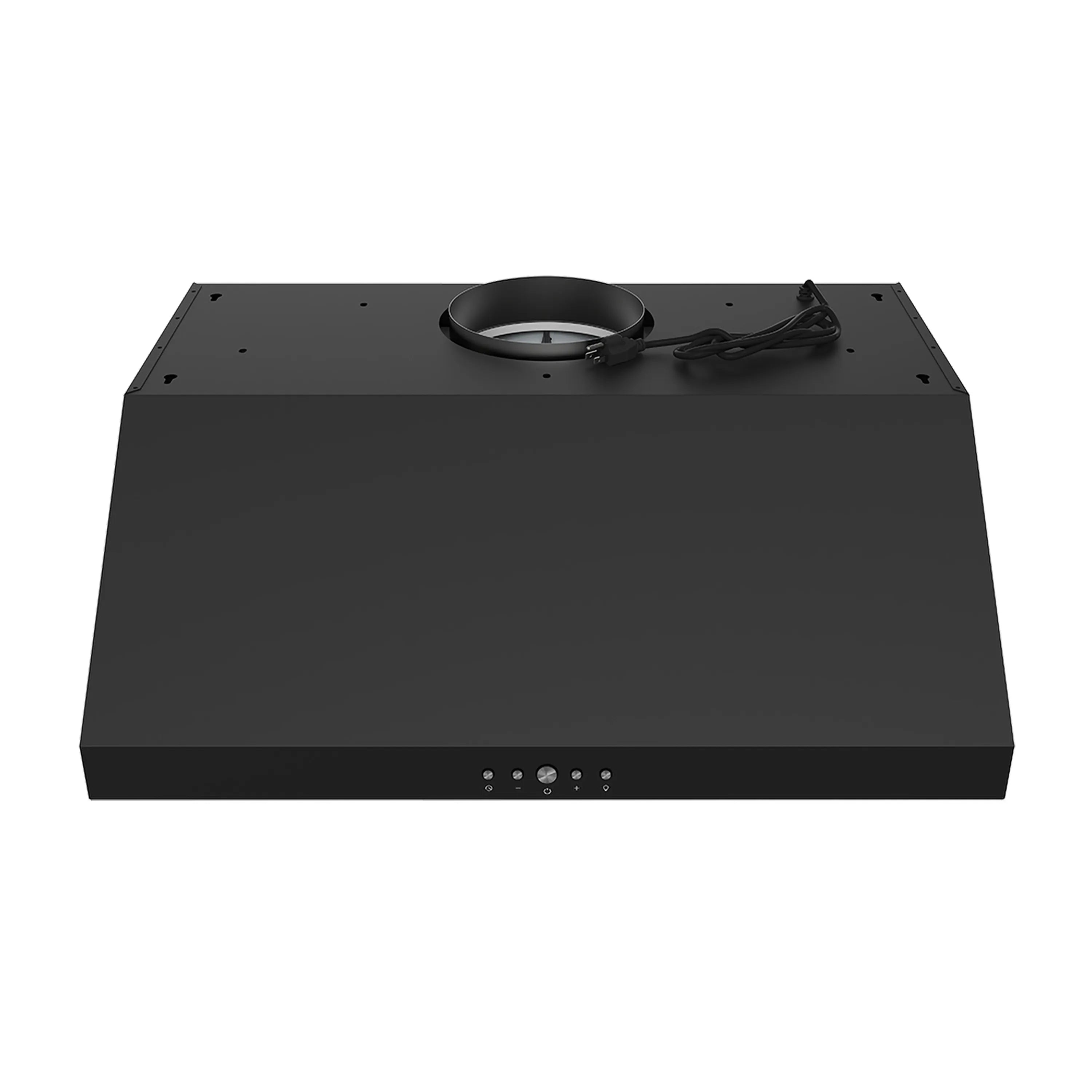 Black convertible under-cabinet hood underside with circular duct opening and controls