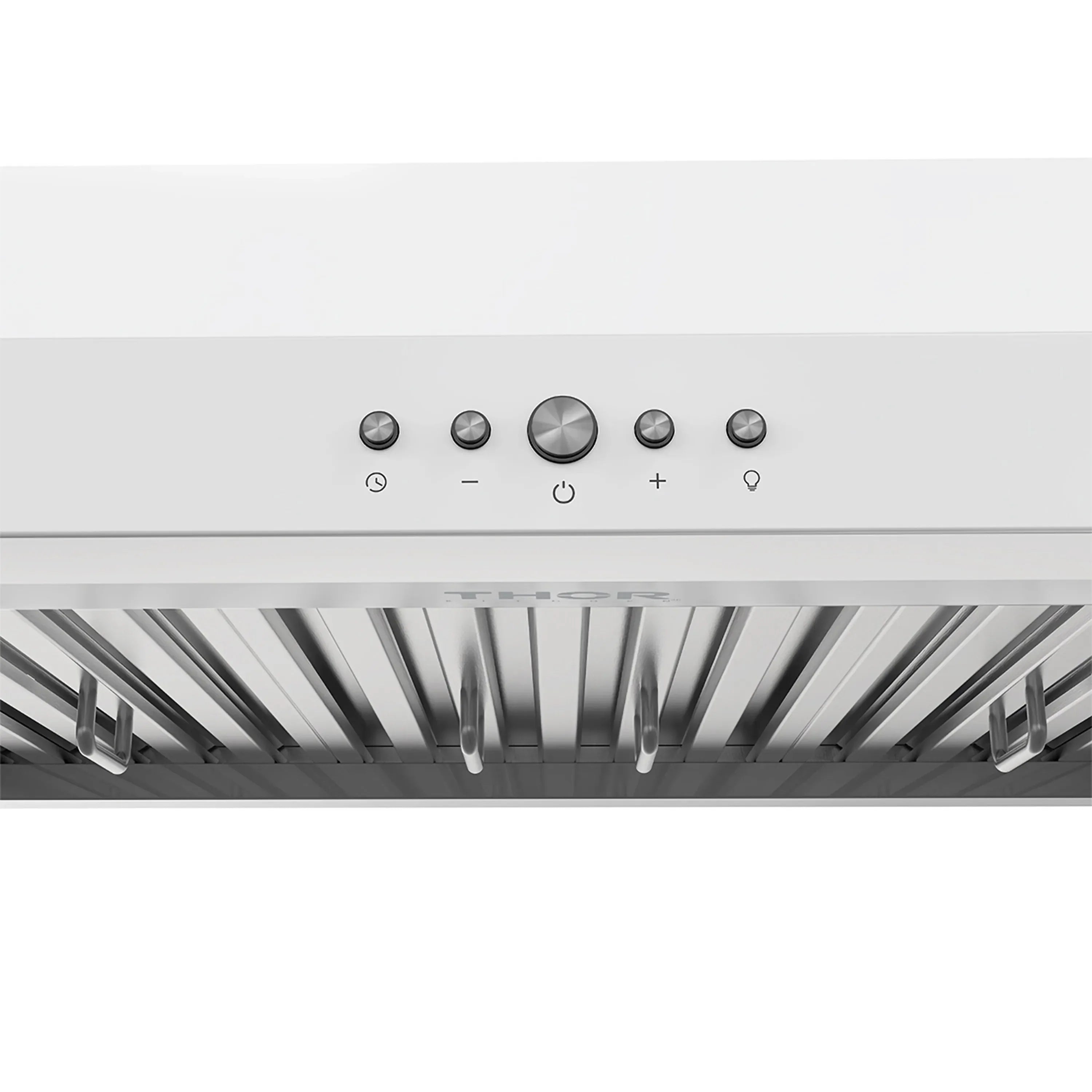 White under-cabinet hood control panel with circular buttons and display marks