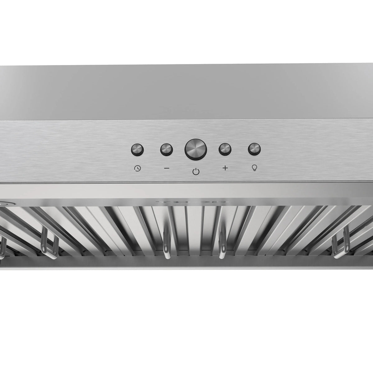 Stainless steel range hood control panel with knobs and indicator buttons
