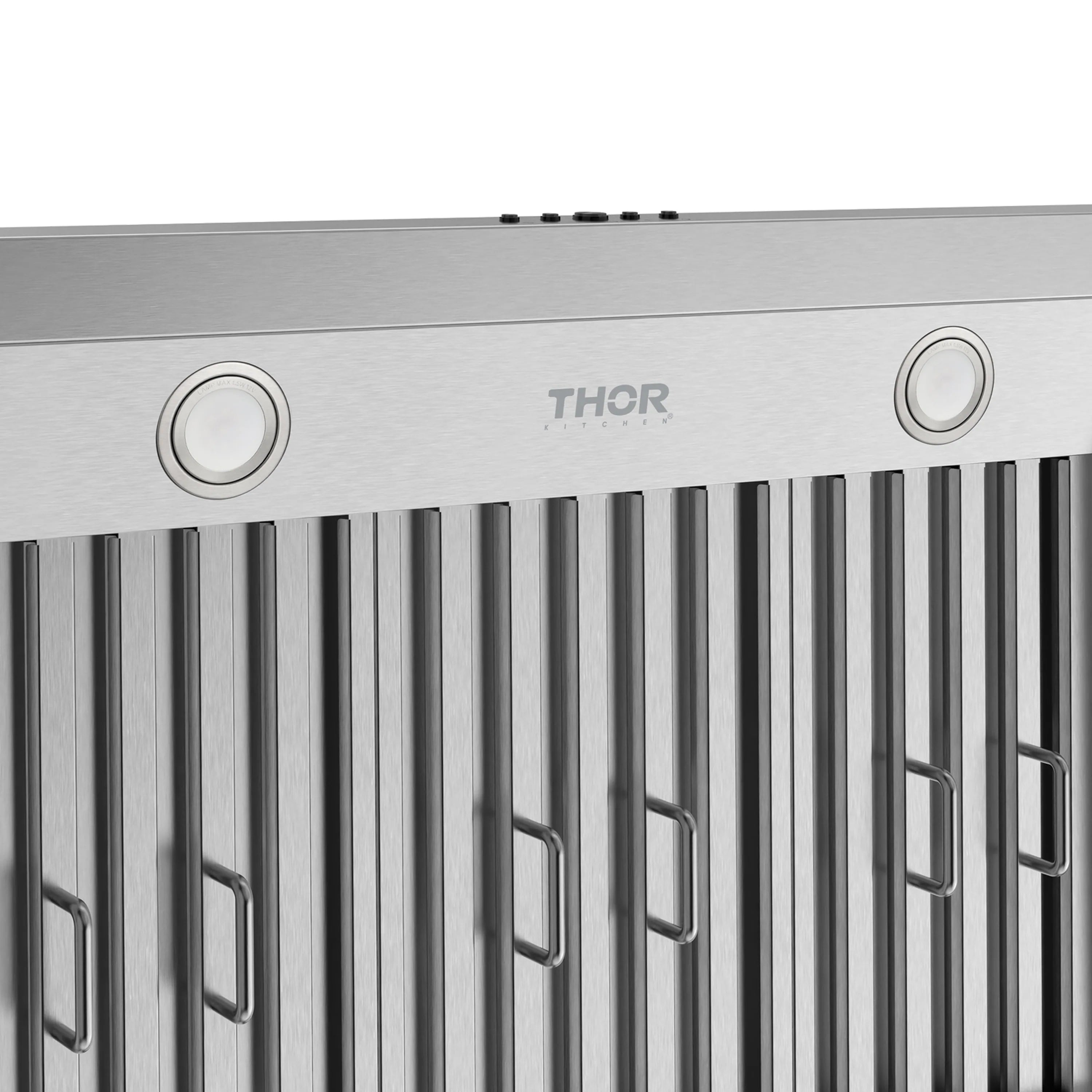 Stainless steel range hood front panel with circular knobs and vertical baffle filters