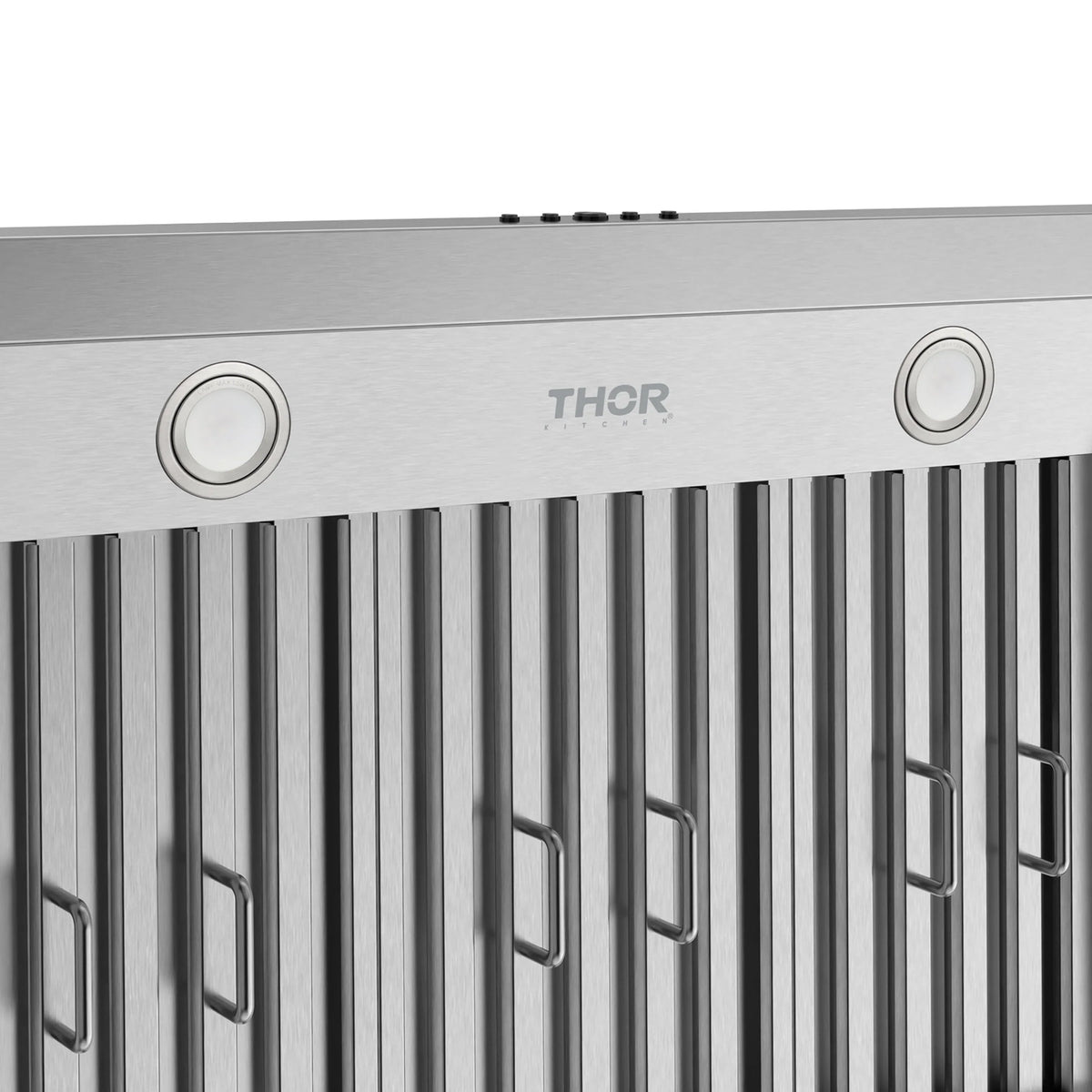 Stainless steel range hood front panel with circular knobs and vertical baffle filters