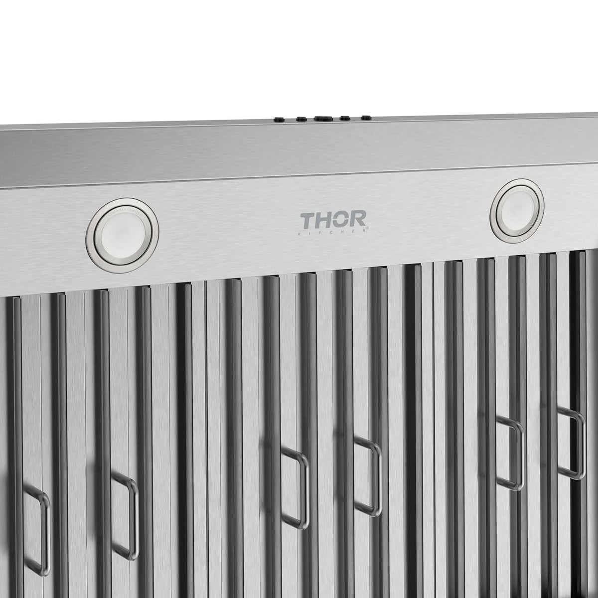Thor stainless steel under-cabinet range hood front with logo, round knobs, and vent slots