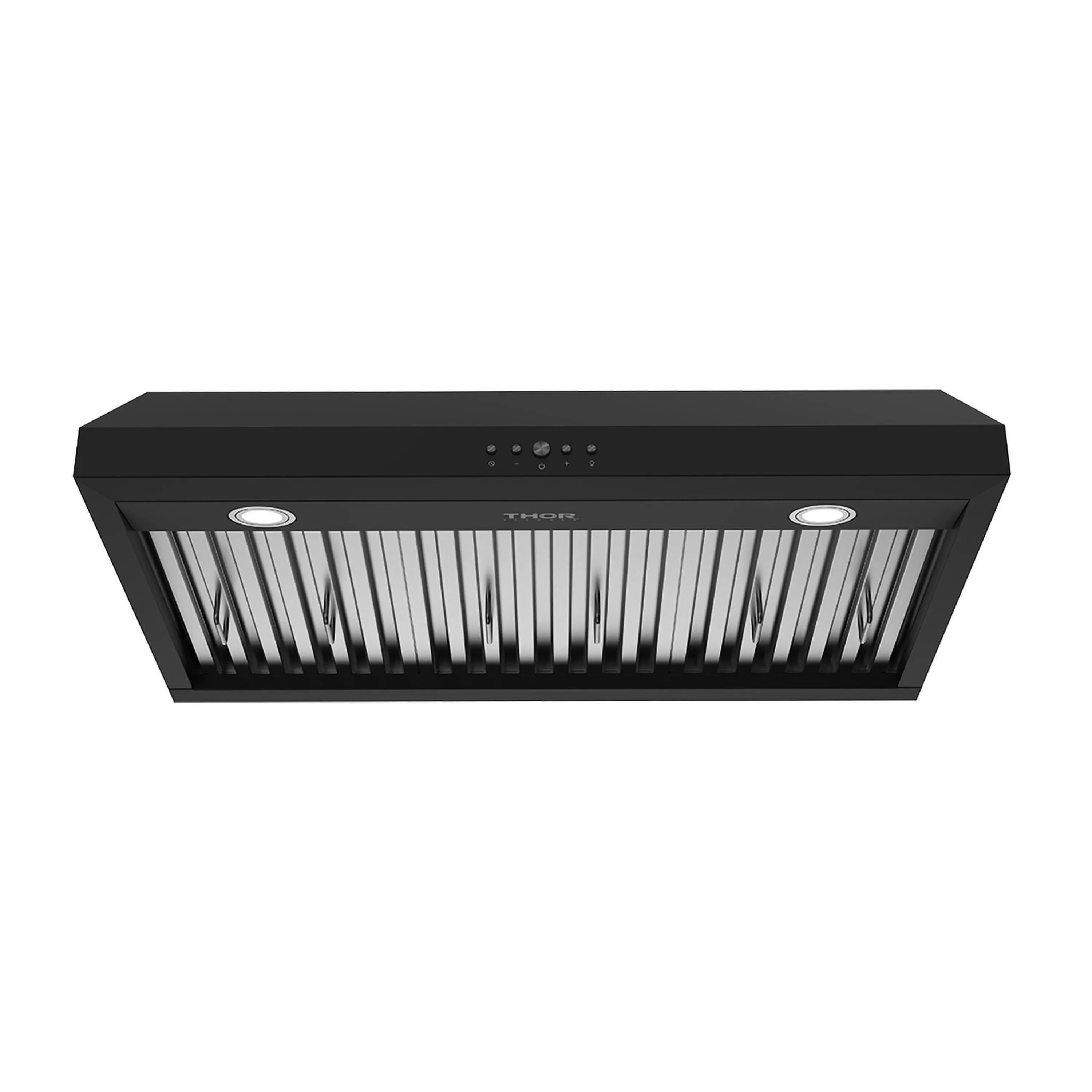 Black under-cabinet convertible range hood with baffle filters and two round lights