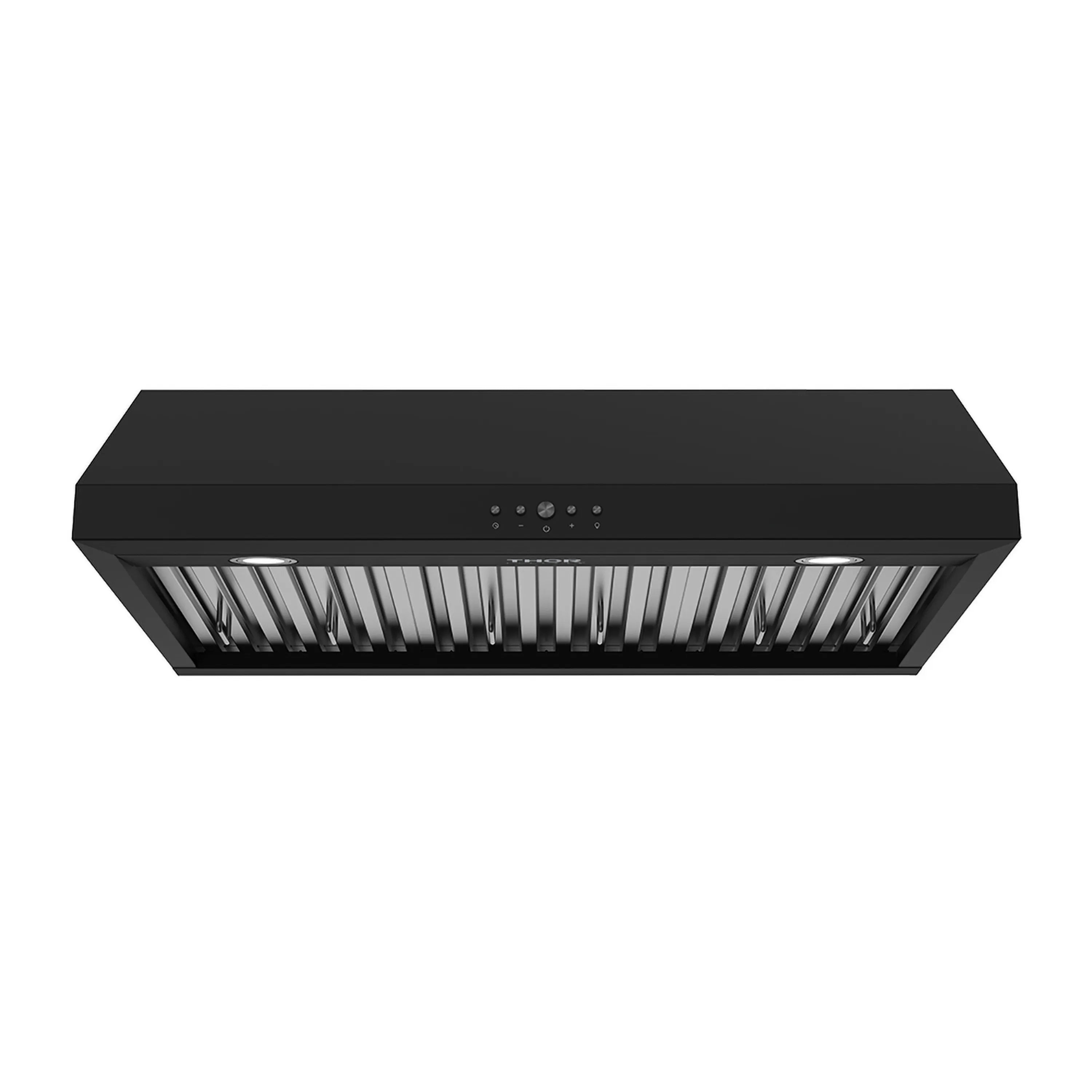 Black convertible under-cabinet range hood underside with control panel and baffle filters