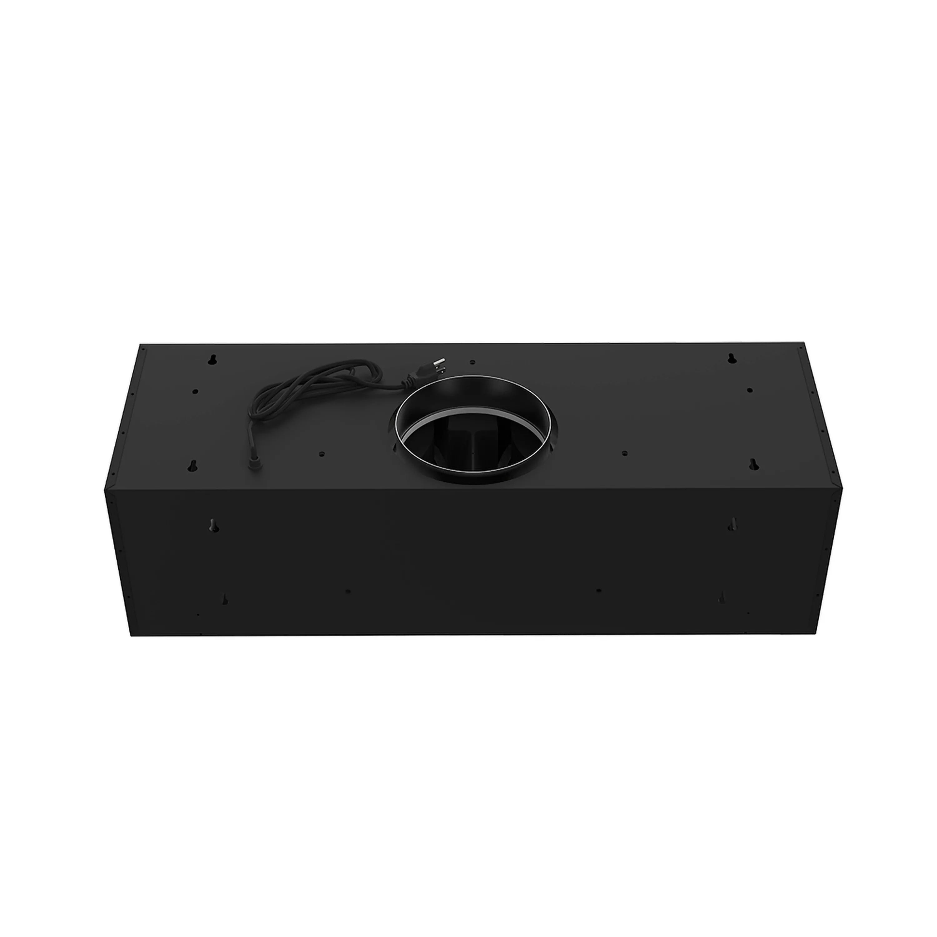 Black convertible under-cabinet range hood underside with round duct collar